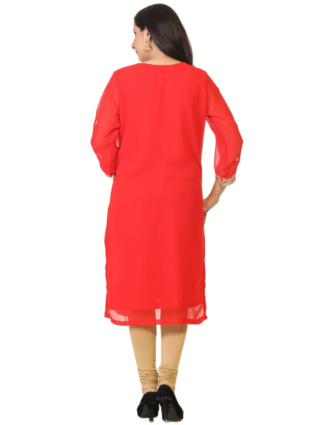 Red Colored Party Wear Georgette Tunic with Embroidered Yoke