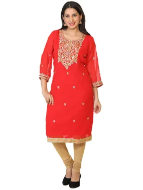 Red Colored Party Wear Georgette Tunic with Embroidered Yoke