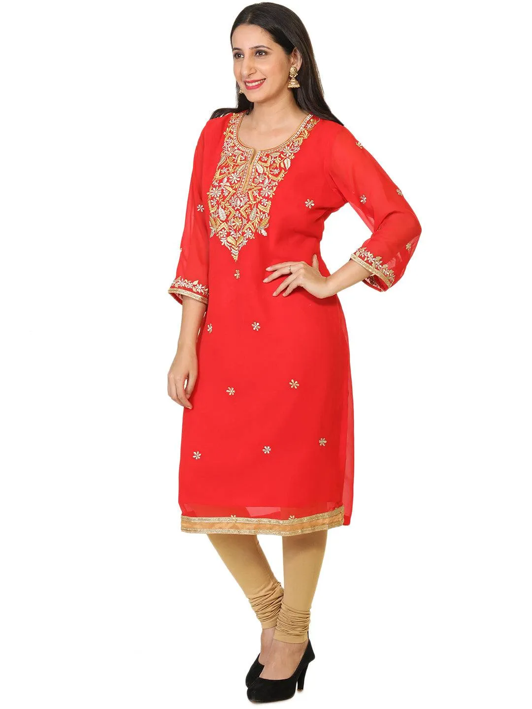 Red Colored Party Wear Georgette Tunic with Embroidered Yoke