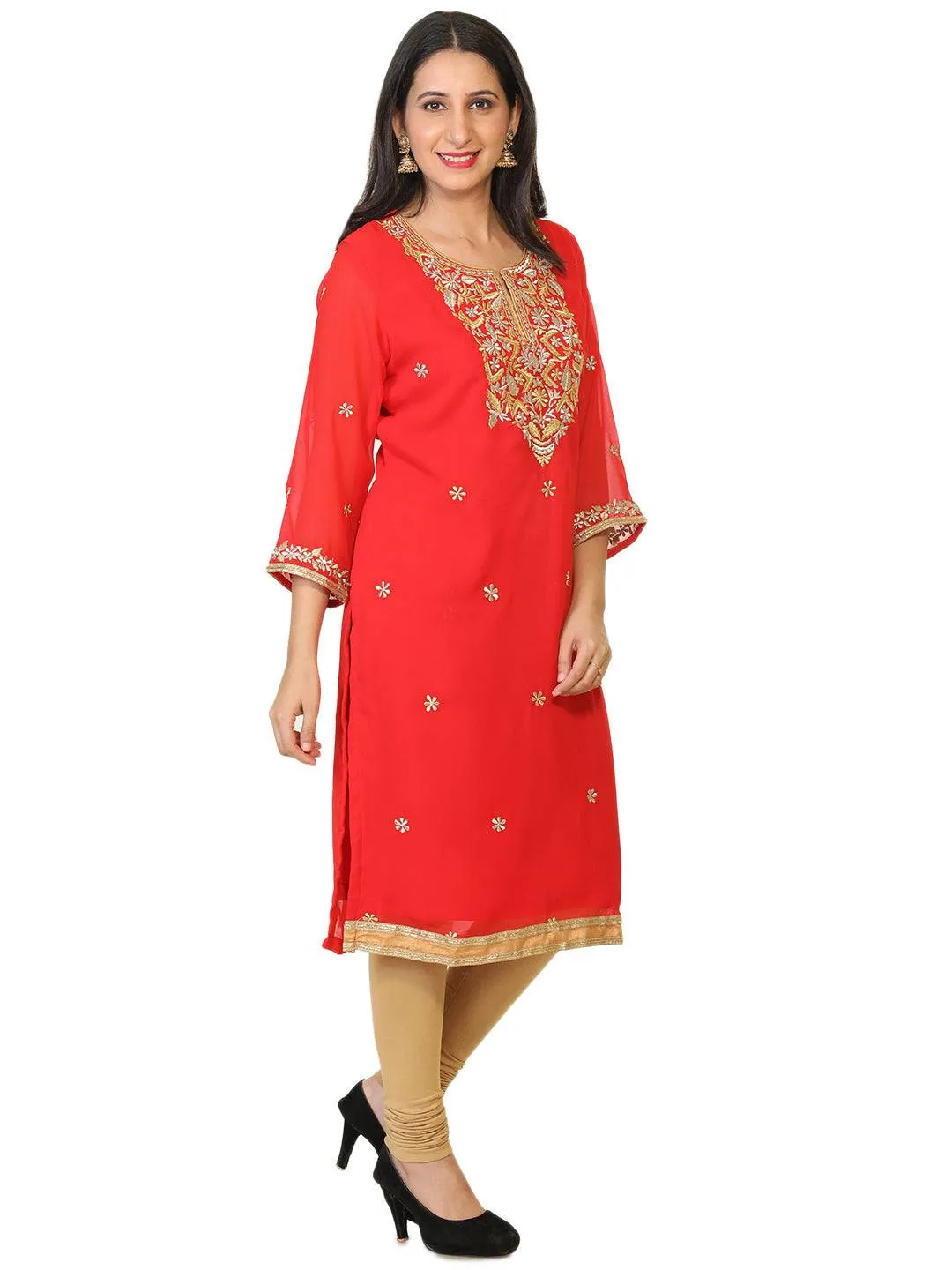 Red Colored Party Wear Georgette Tunic with Embroidered Yoke