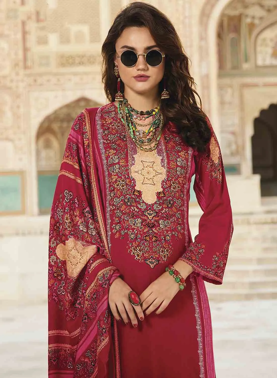 Red Pure Pashmina Unstitched Winter Suit Dress Material for Women