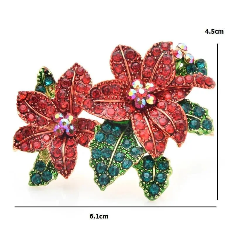 Red Rhinestone Poinsettia Brooches