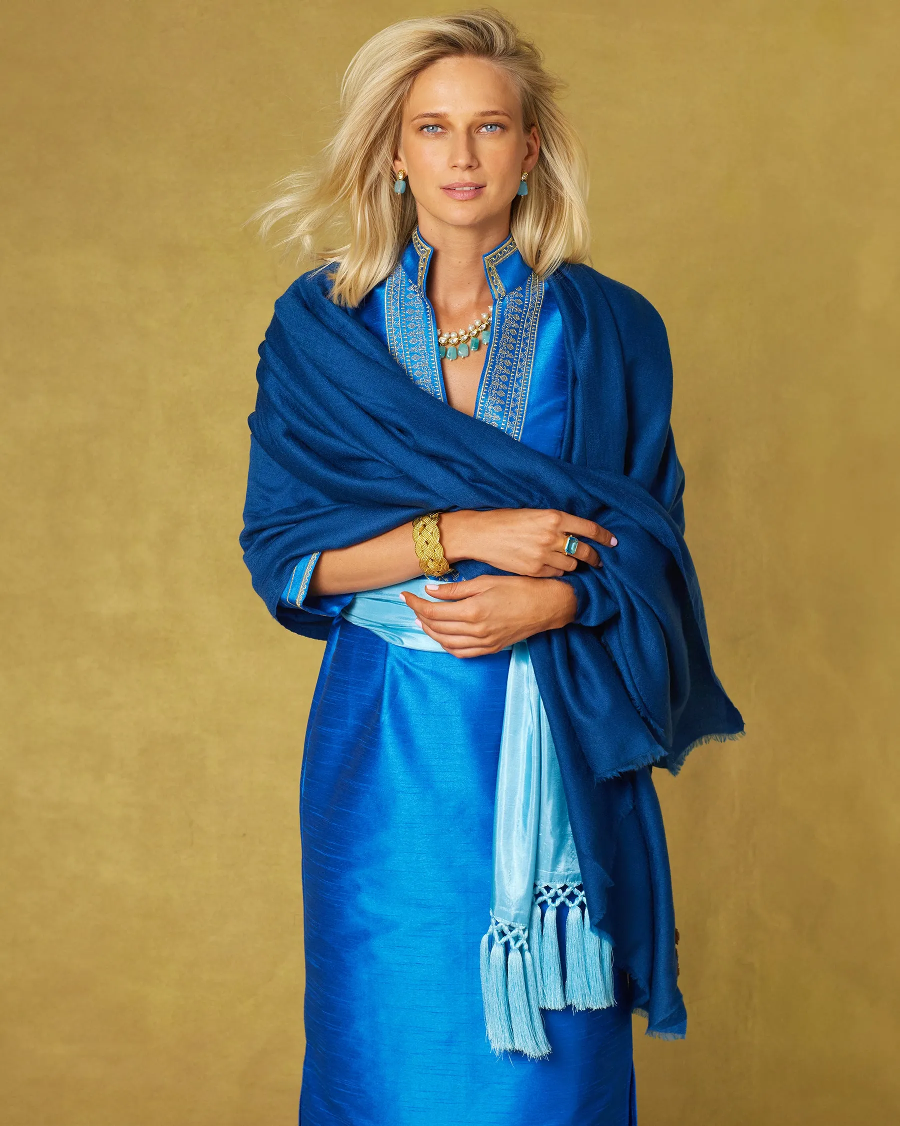 Regine Long Tunic Dress in Royal Blue and Gold Embroidery