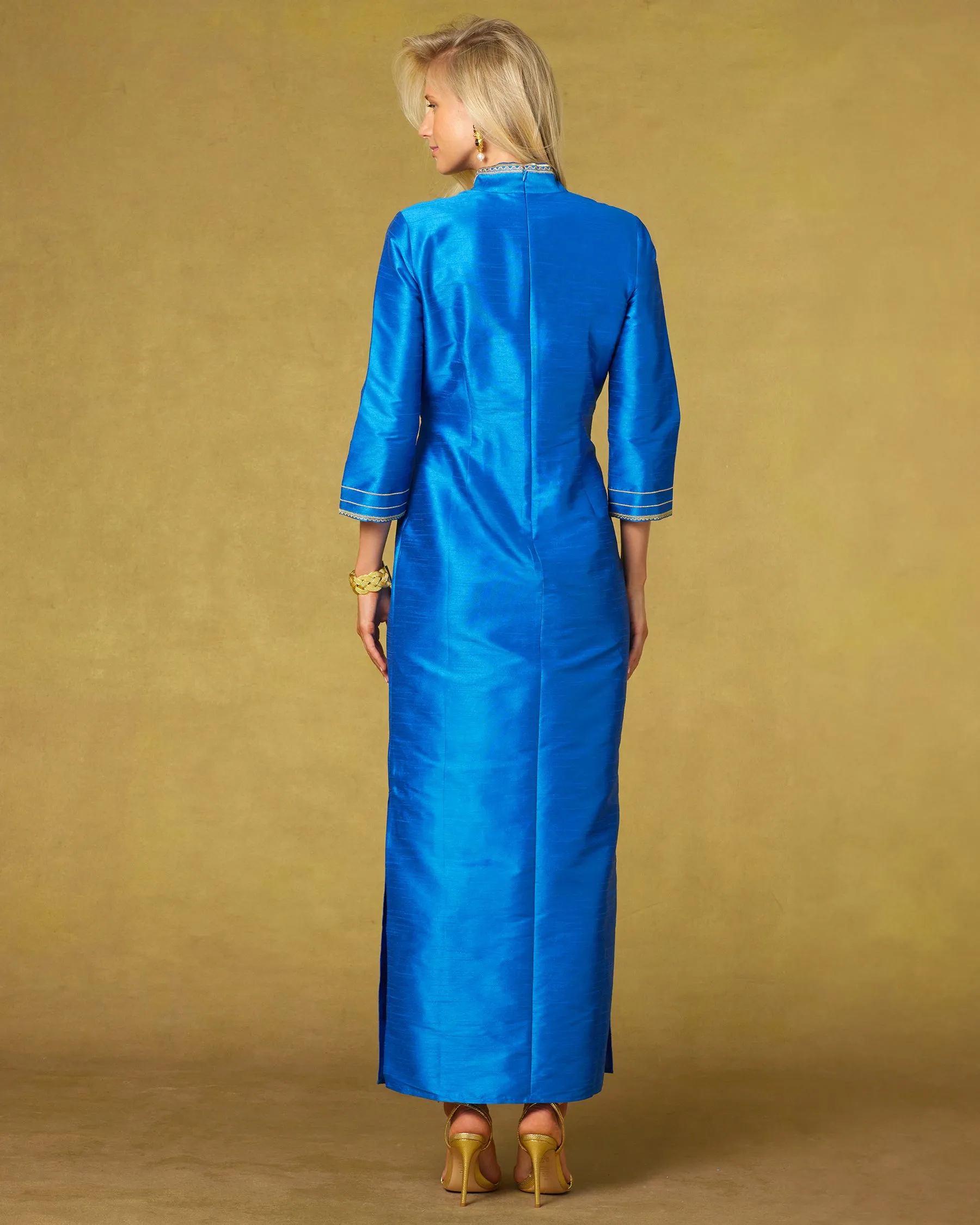 Regine Long Tunic Dress in Royal Blue and Gold Embroidery