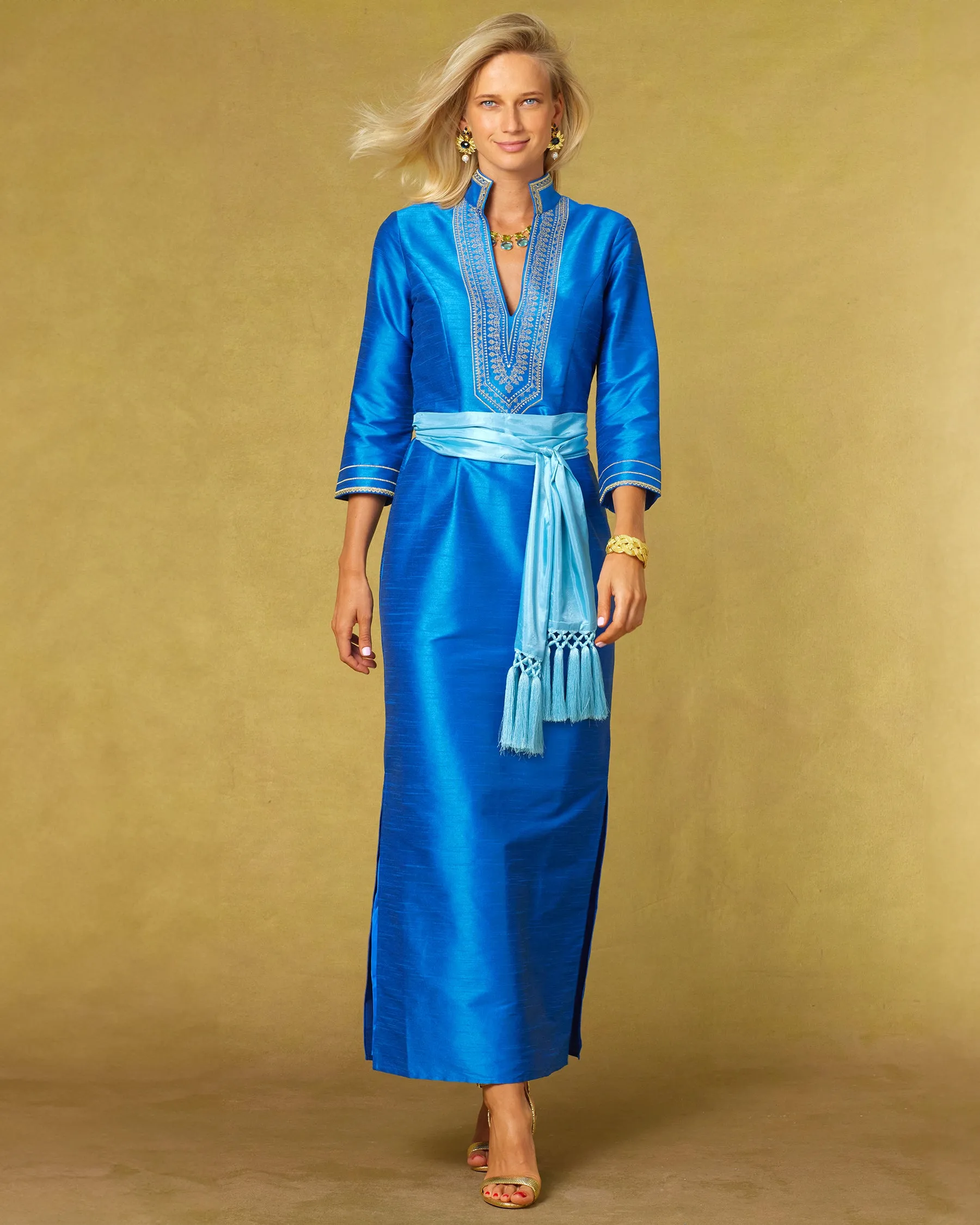 Regine Long Tunic Dress in Royal Blue and Gold Embroidery