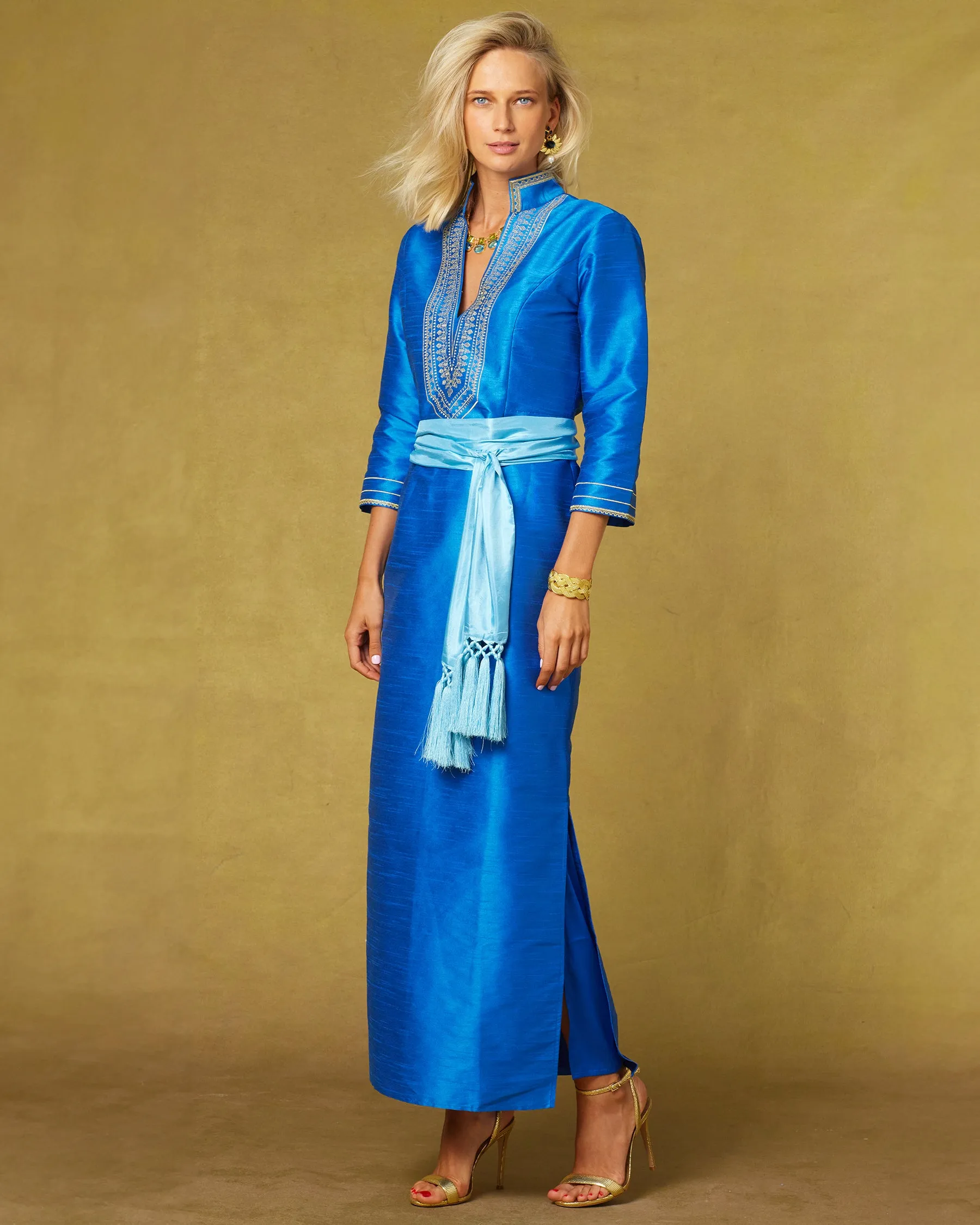 Regine Long Tunic Dress in Royal Blue and Gold Embroidery