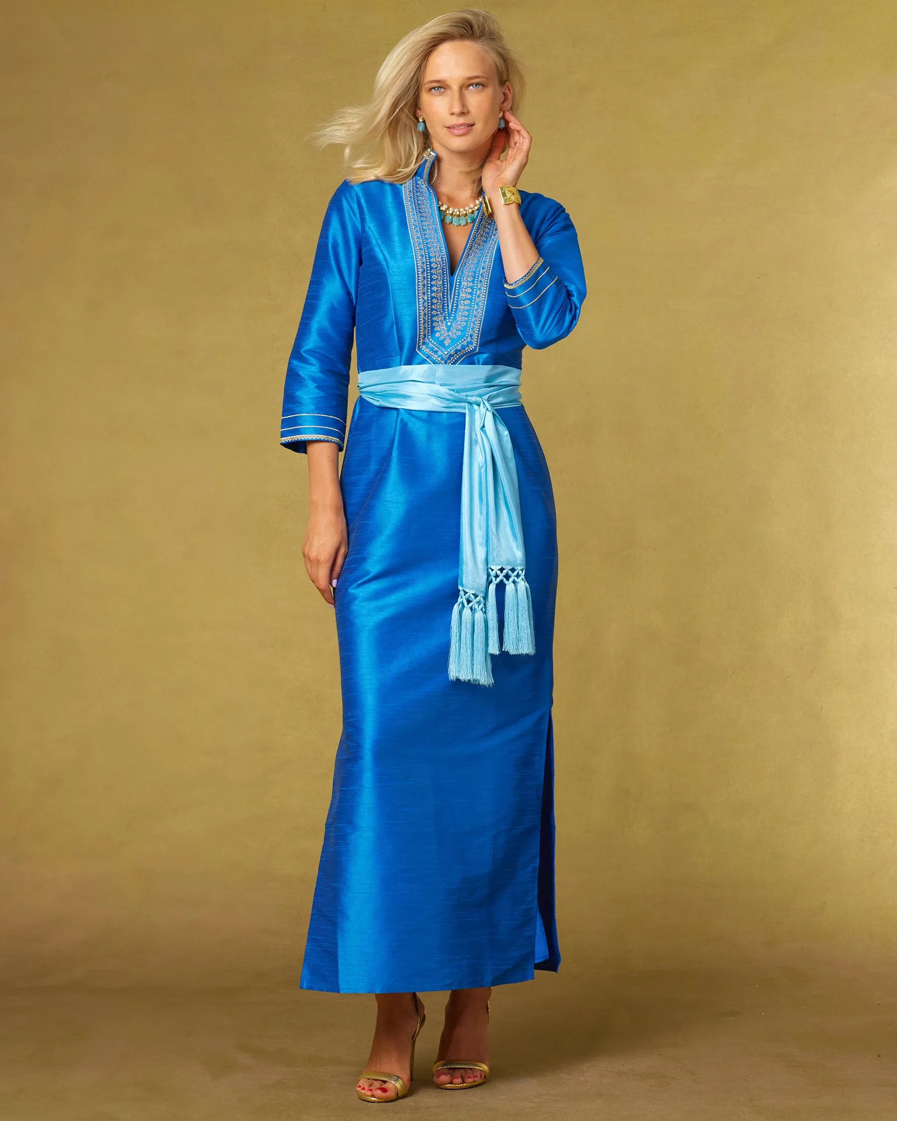 Regine Long Tunic Dress in Royal Blue and Gold Embroidery