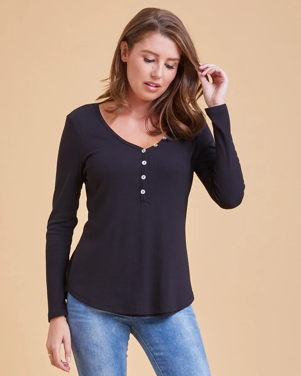 Rib Henley Nursing Top - Black