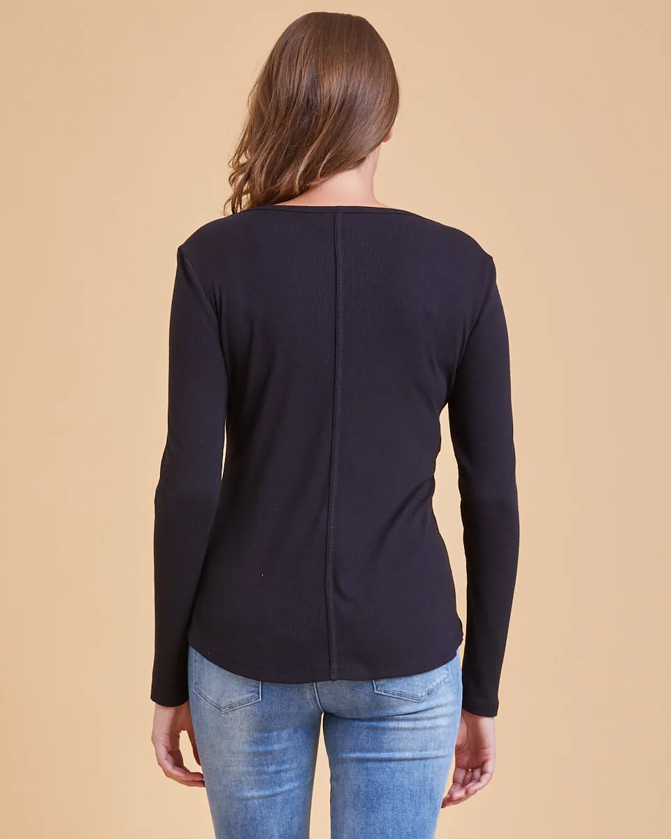 Rib Henley Nursing Top - Black