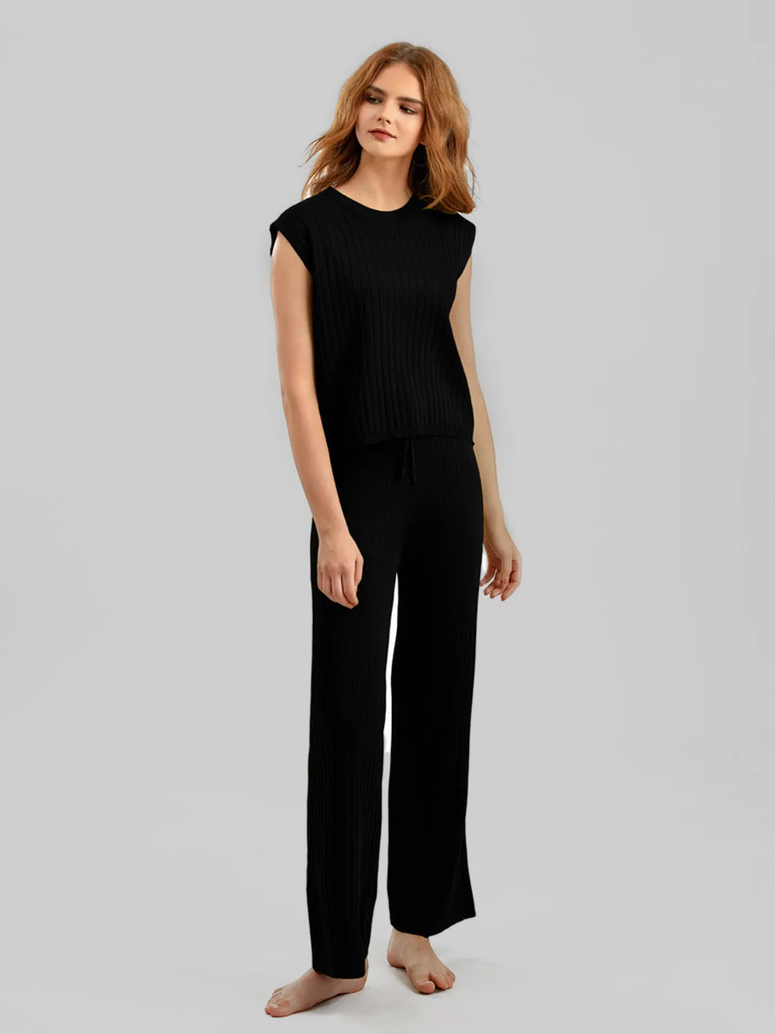 Ribbed Sweater Vest and Drawstring Knit Pants Set