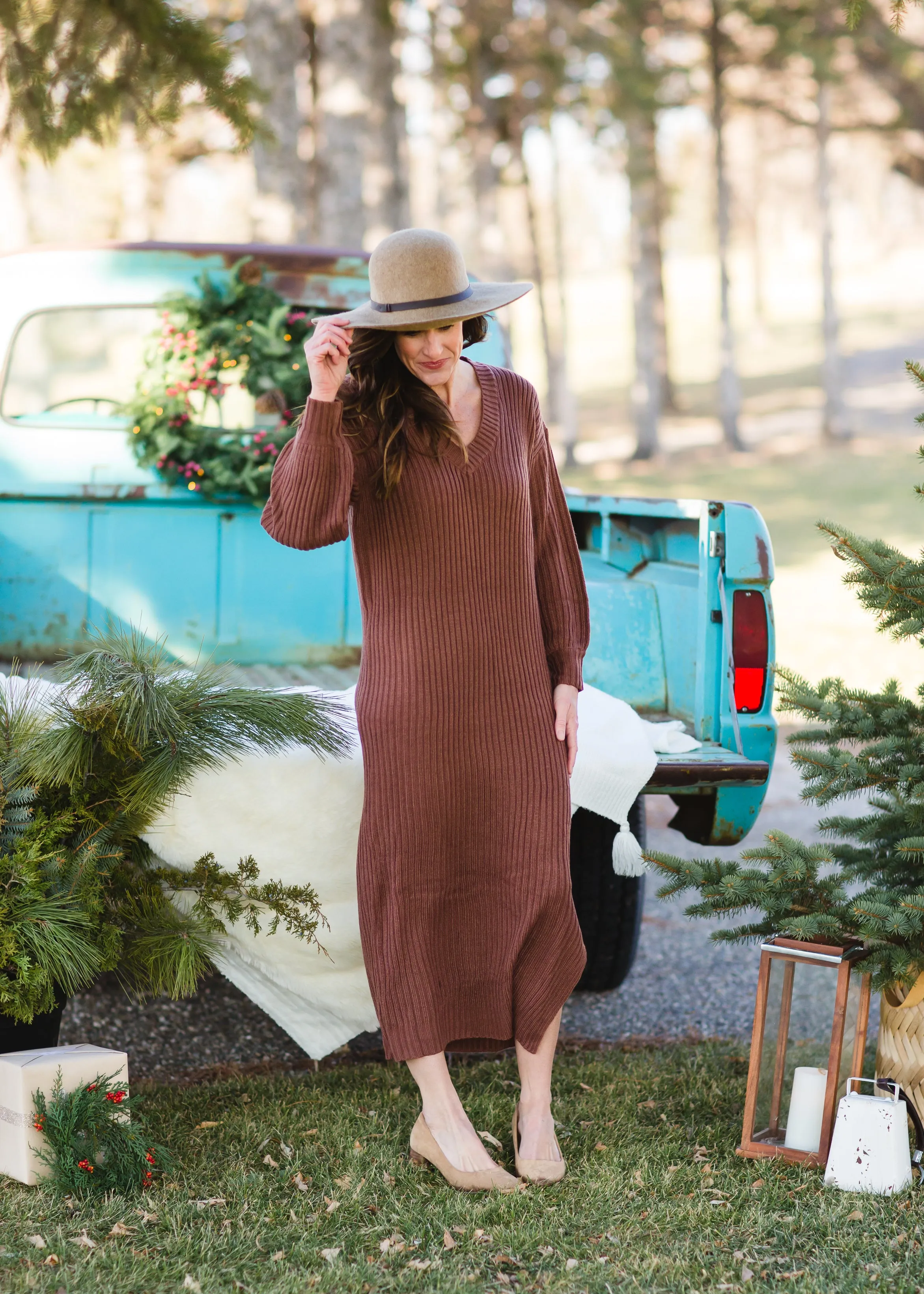 Ribbed V-neck Long Sleeve Sweater Dress - FINAL SALE