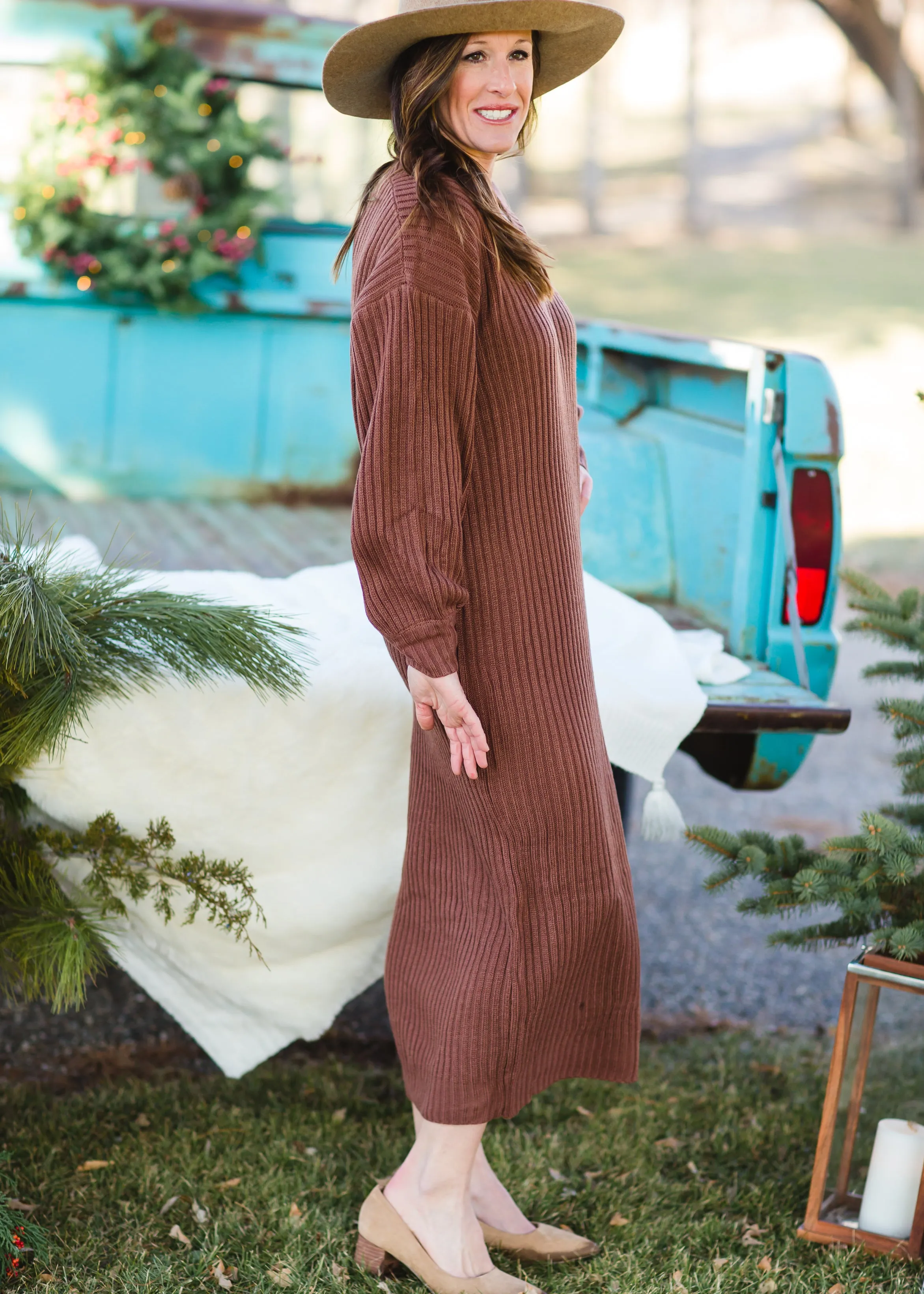 Ribbed V-neck Long Sleeve Sweater Dress - FINAL SALE