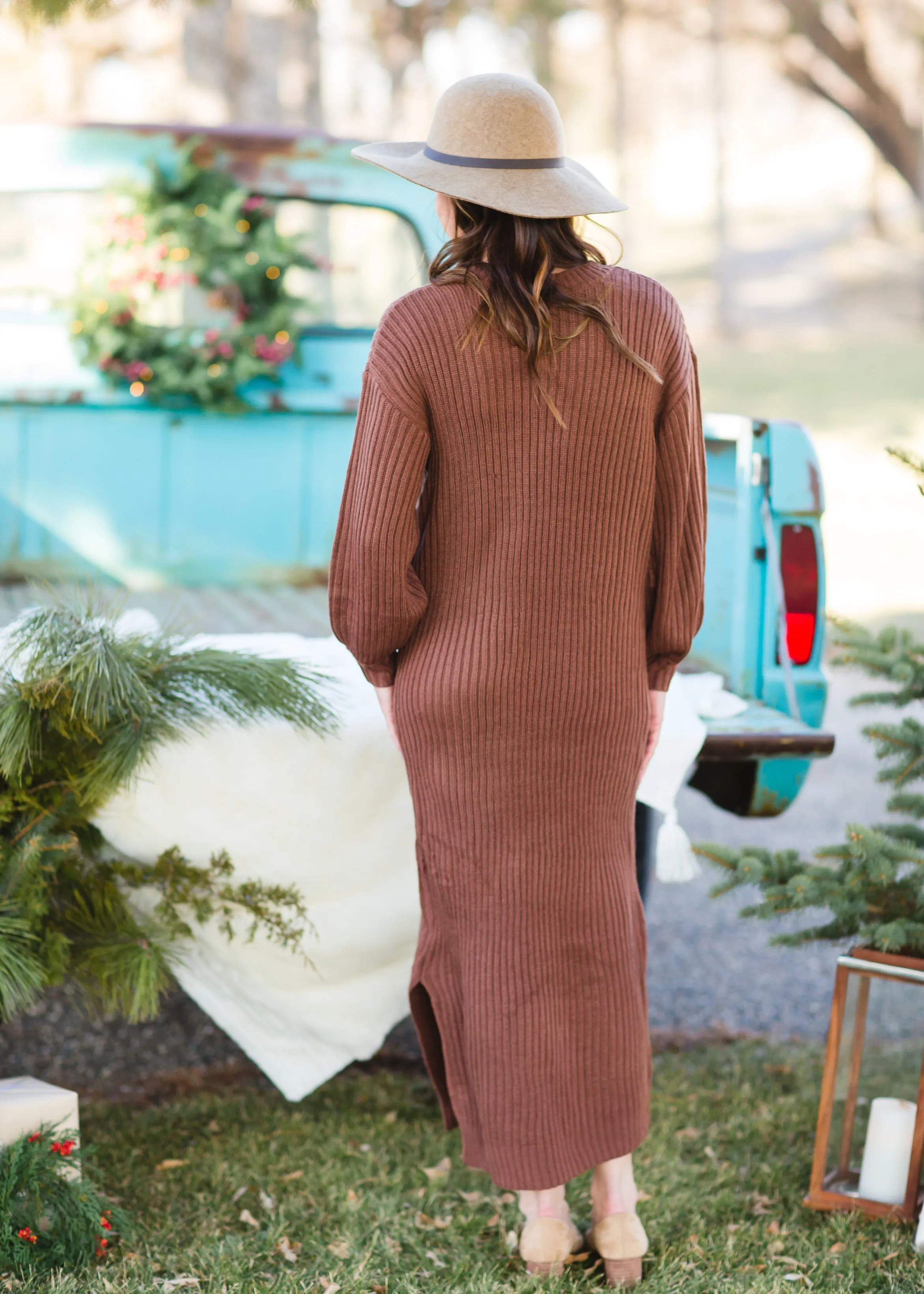 Ribbed V-neck Long Sleeve Sweater Dress - FINAL SALE