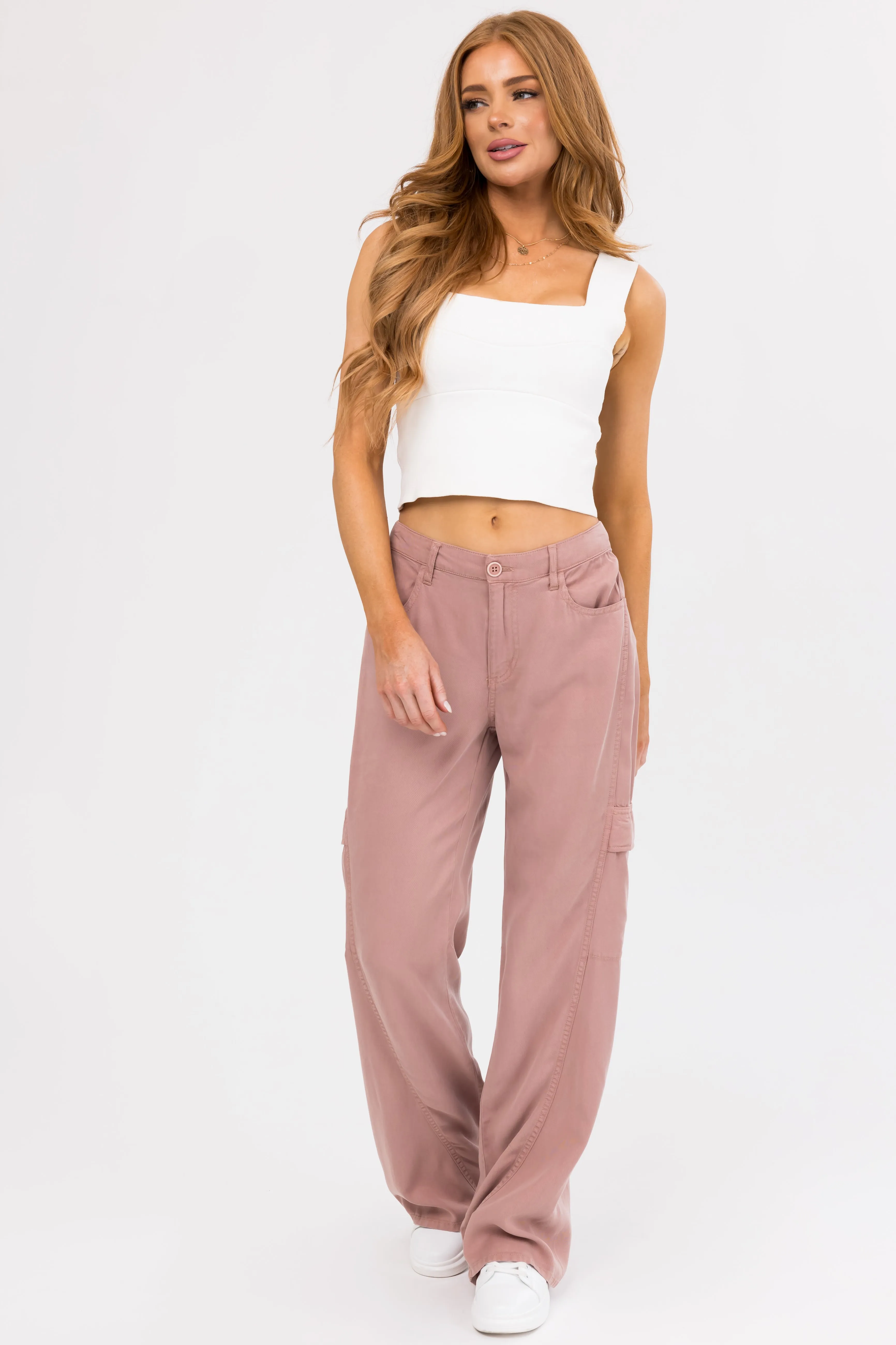 Risen Dusty Rose High Rise Tencel Cargo Pants