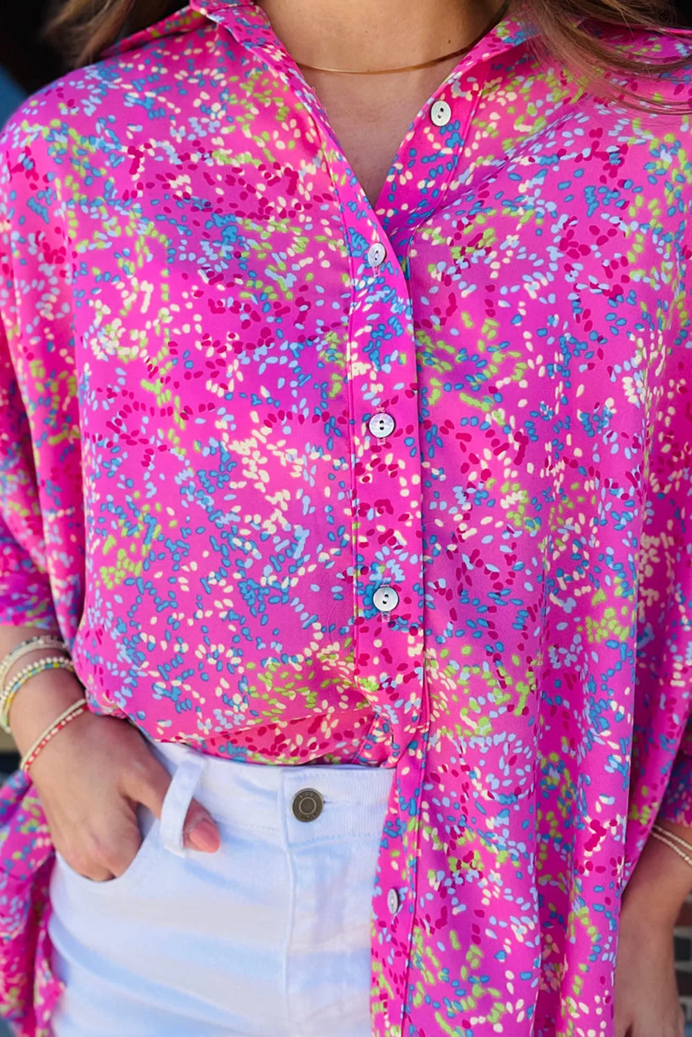 Rose Abstract Print Bracelet Sleeve Oversized Tunic Blouse