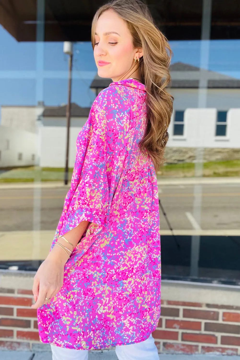 Rose Abstract Print Bracelet Sleeve Oversized Tunic Blouse