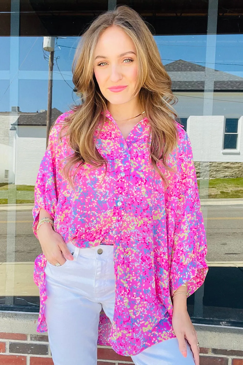 Rose Abstract Print Bracelet Sleeve Oversized Tunic Blouse