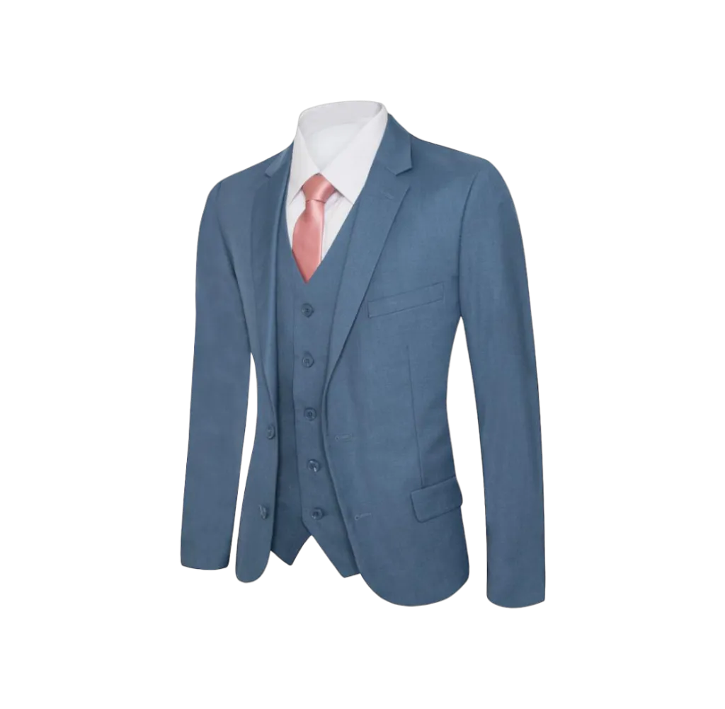 Royal suit Men's solid light blue slim-fit suit flat front pants with vest 3 Pieces suit