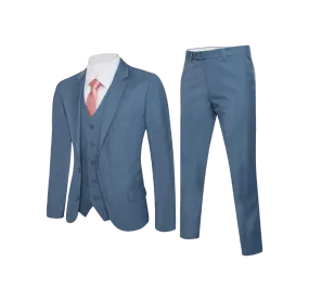 Royal suit Men's solid light blue slim-fit suit flat front pants with vest 3 Pieces suit