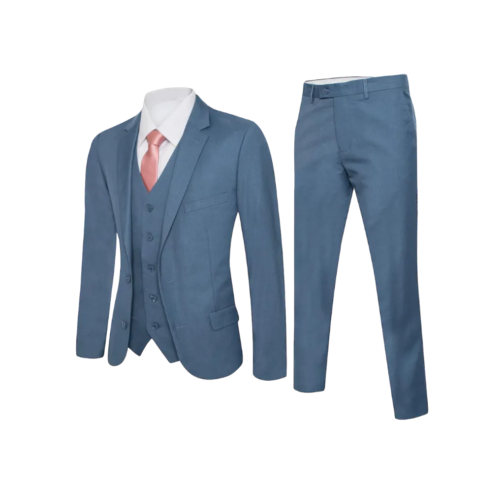 Royal suit Men's solid light blue slim-fit suit flat front pants with vest 3 Pieces suit