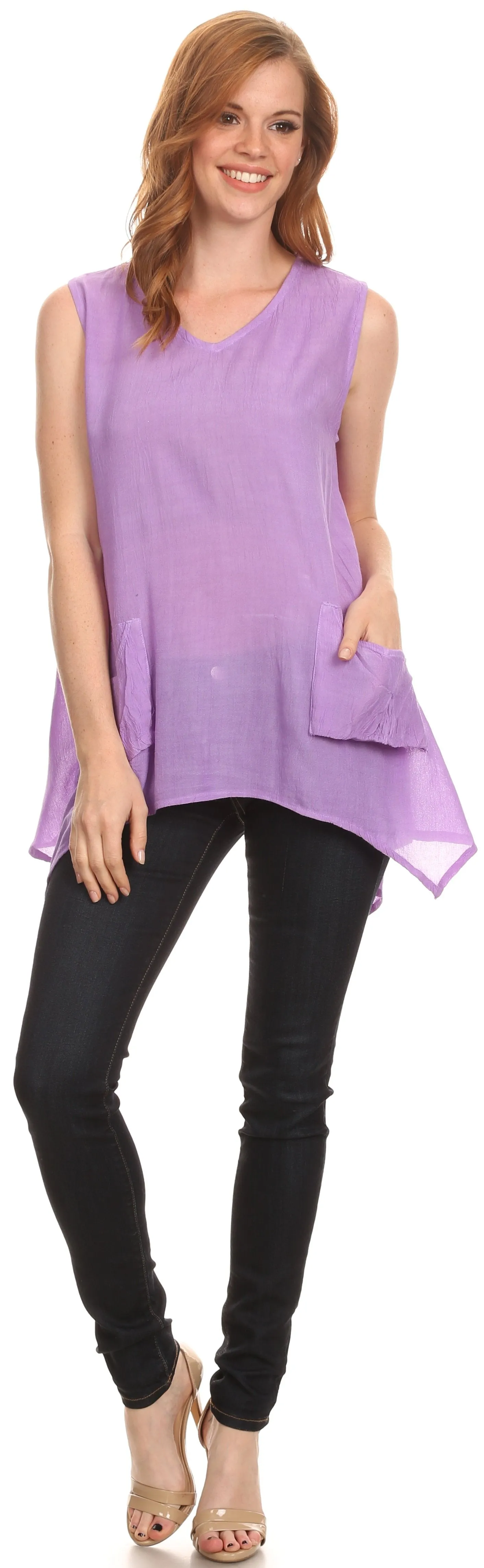 Sakkas Oprah Sleeveless Tank Side Tail Blouse Shirt Top With Two Front Pockets