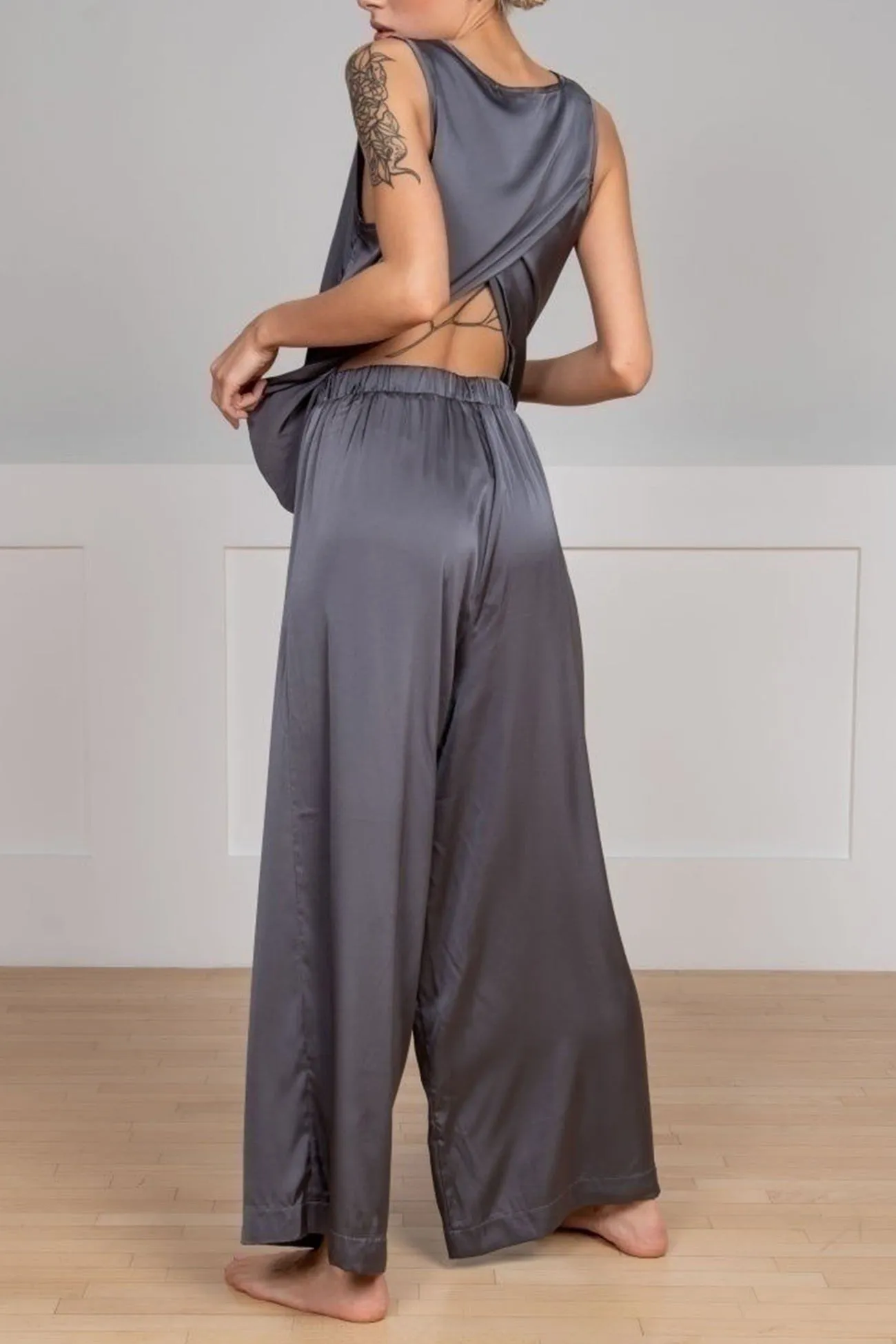 Satin Slit Tank Top Wide Leg Long Pants Set