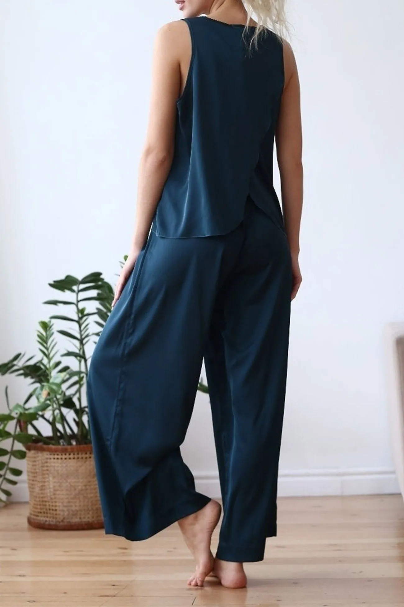 Satin Slit Tank Top Wide Leg Long Pants Set