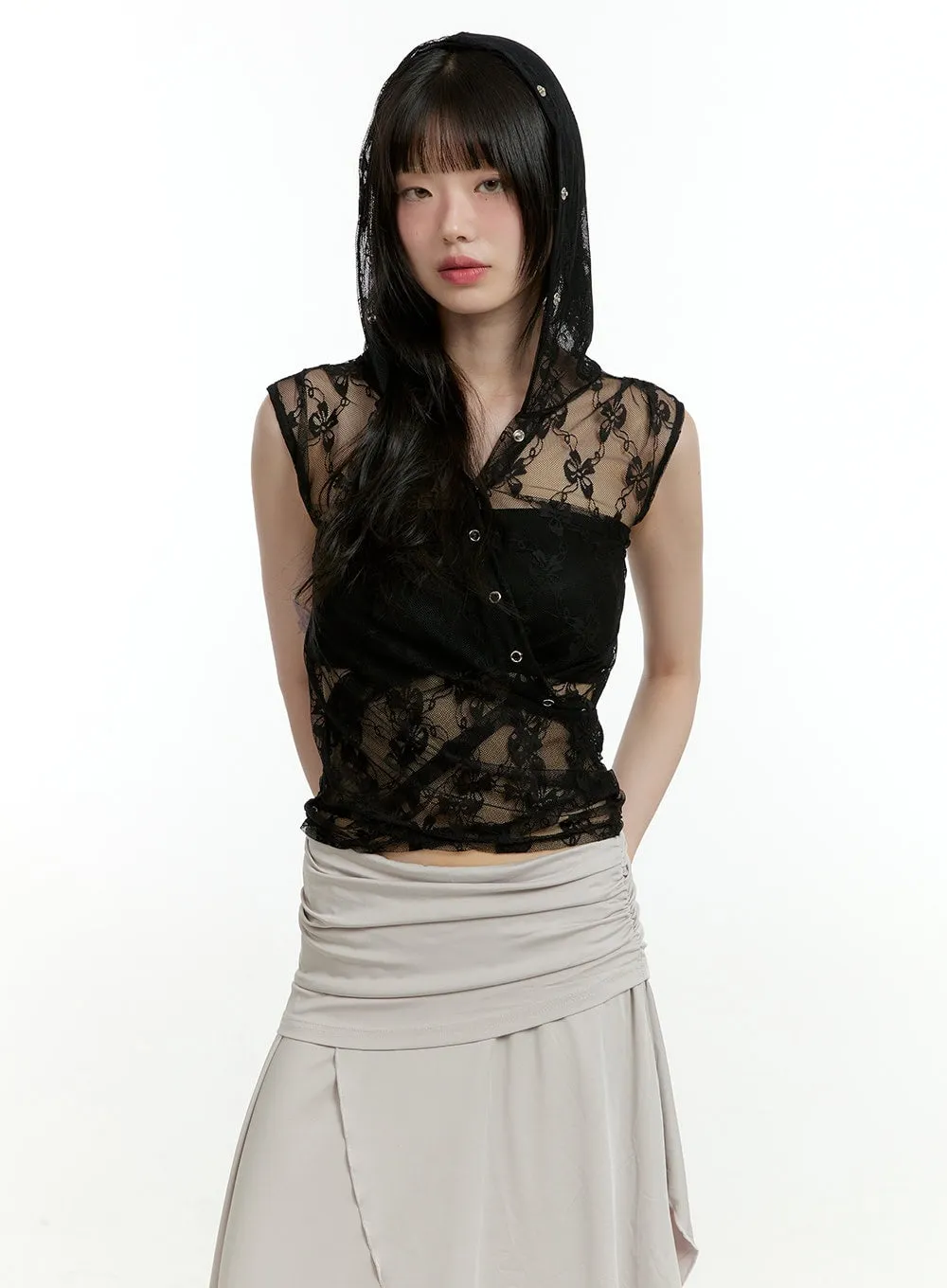 See-Through Buttoned Sleeveless Hoodie Top CL426