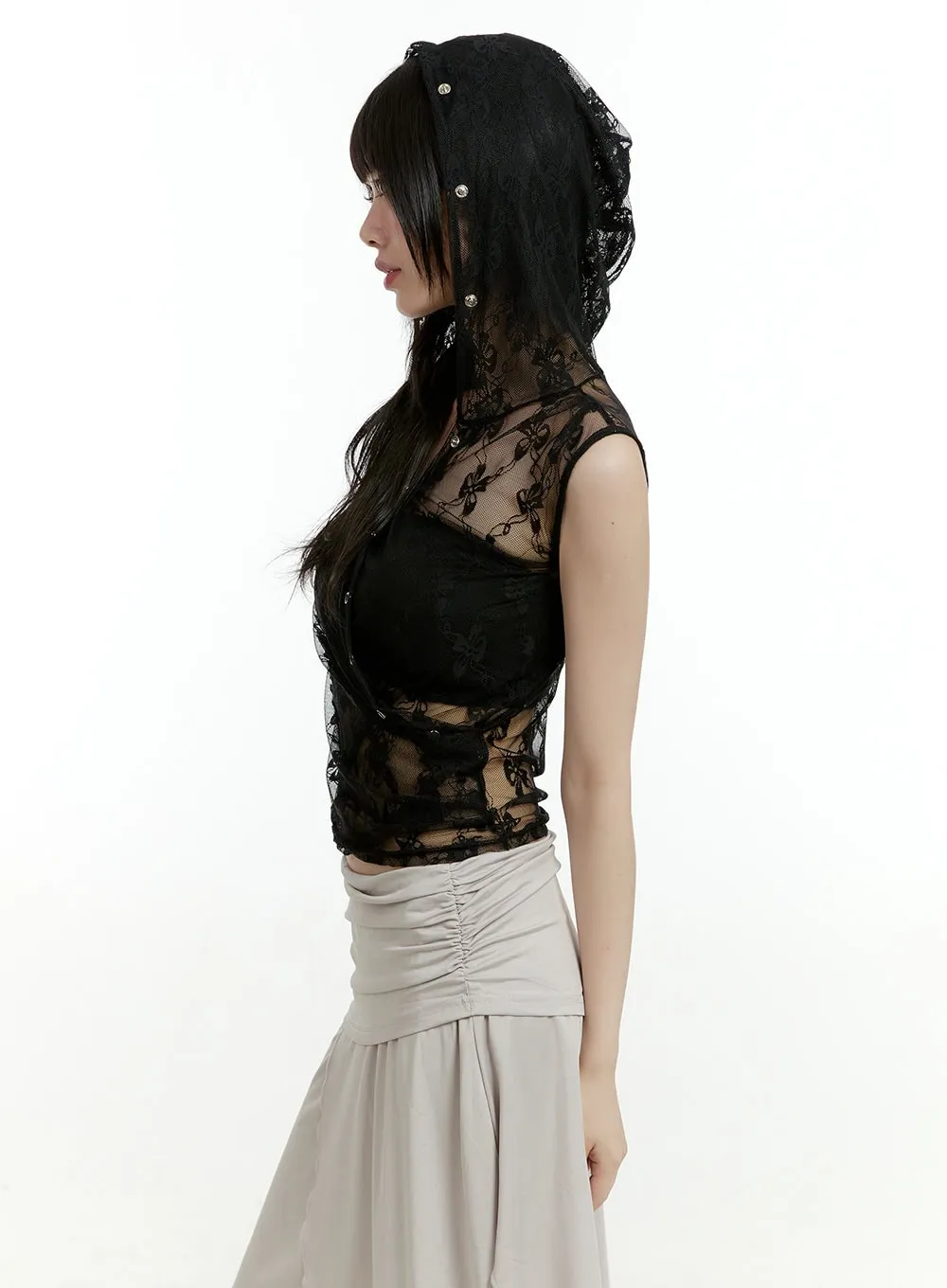 See-Through Buttoned Sleeveless Hoodie Top CL426