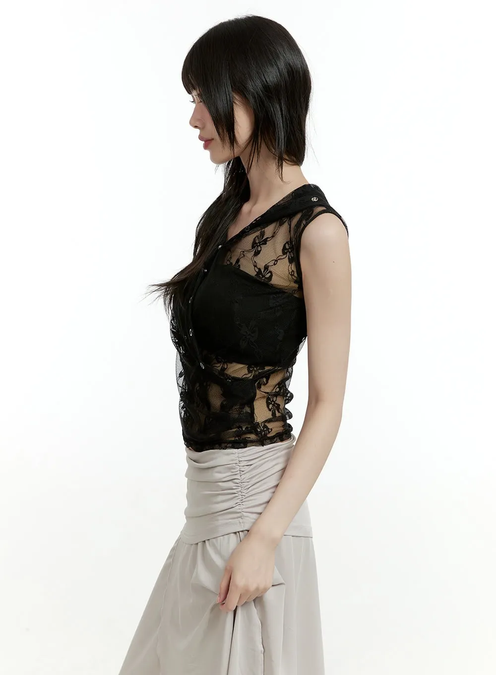 See-Through Buttoned Sleeveless Hoodie Top CL426