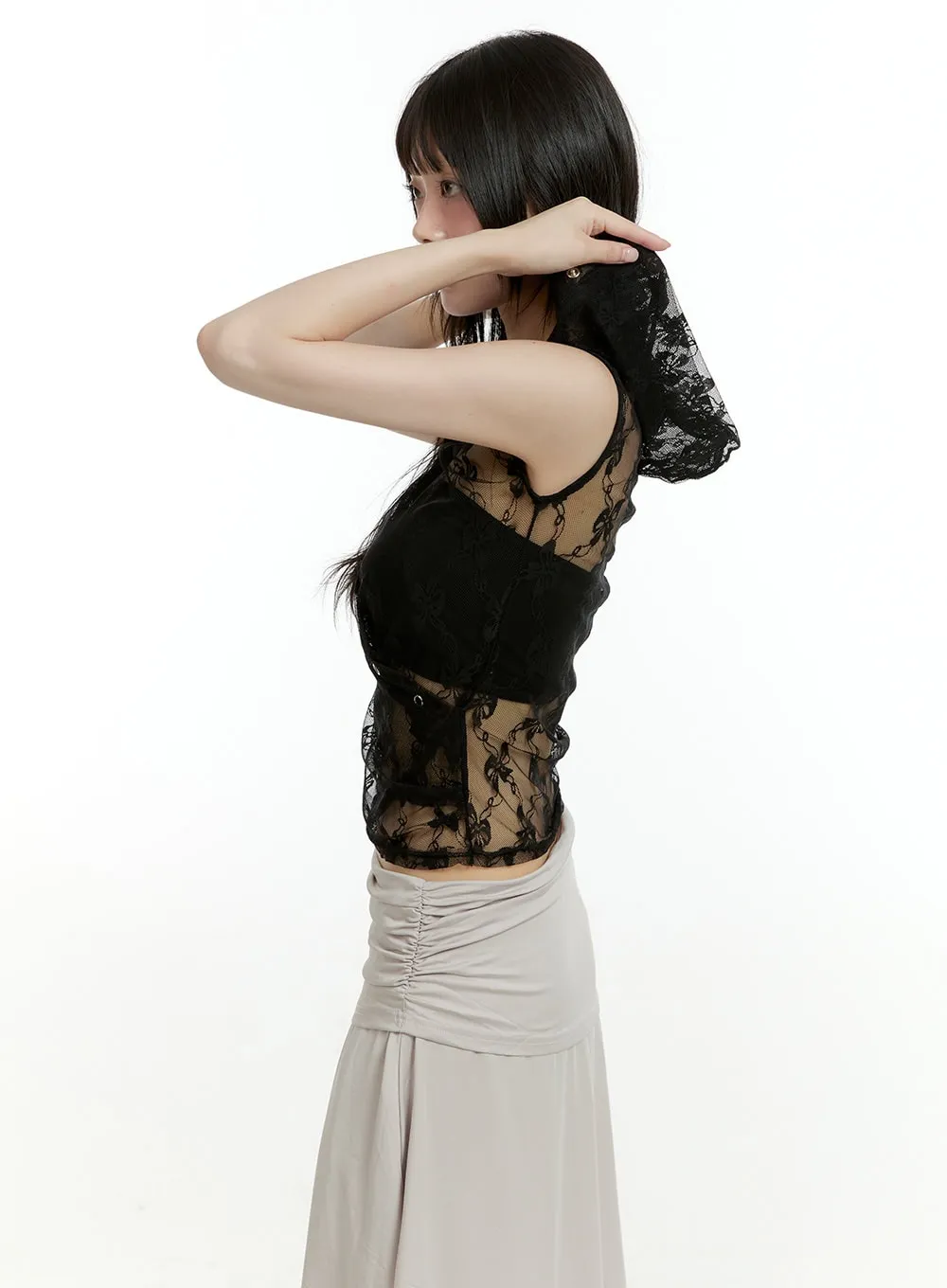 See-Through Buttoned Sleeveless Hoodie Top CL426