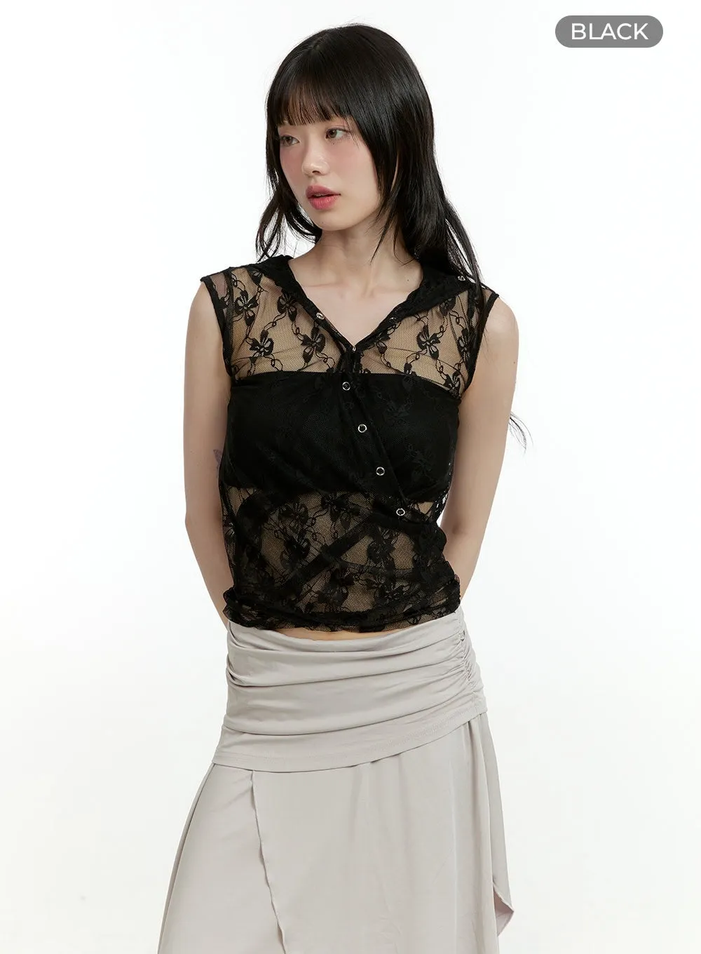 See-Through Buttoned Sleeveless Hoodie Top CL426