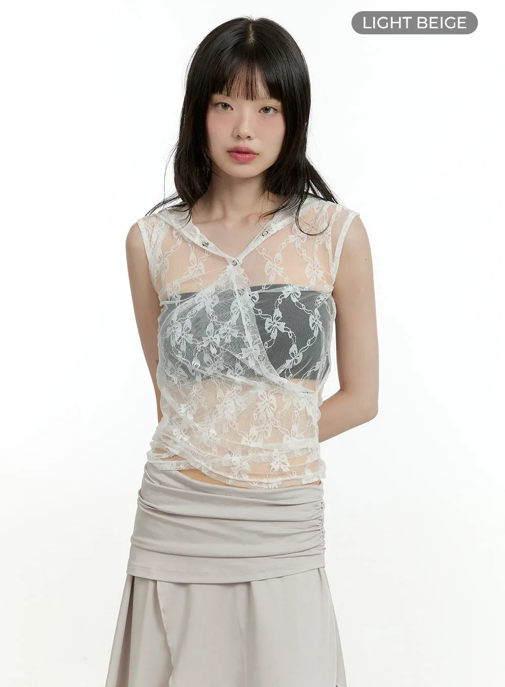 See-Through Buttoned Sleeveless Hoodie Top CL426