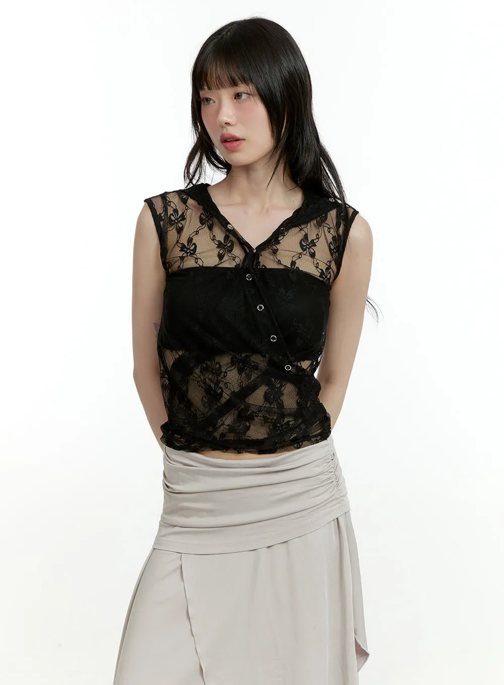 See-Through Buttoned Sleeveless Hoodie Top CL426