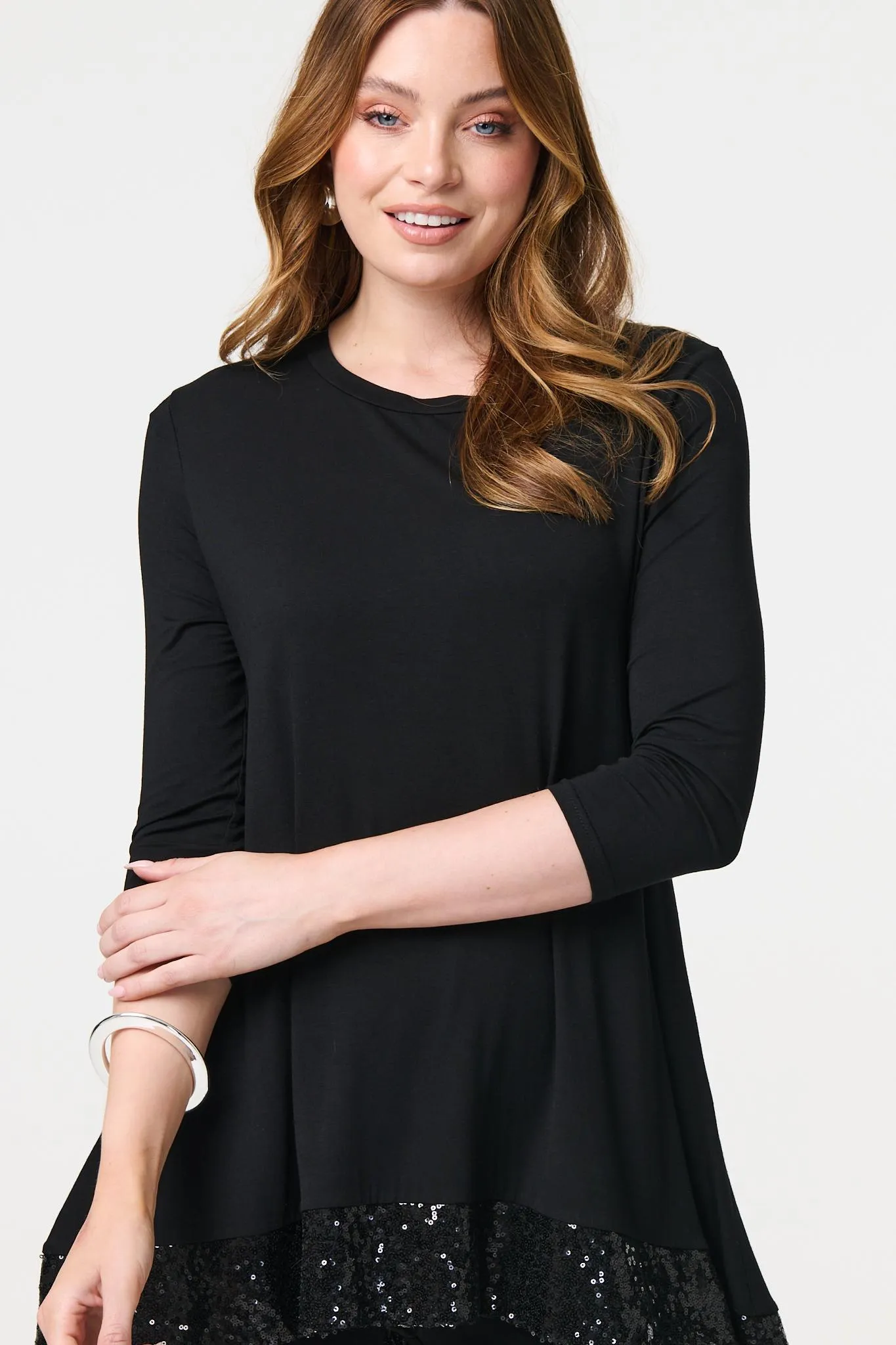 Sequin Trim Longline Jersey T-Shirt