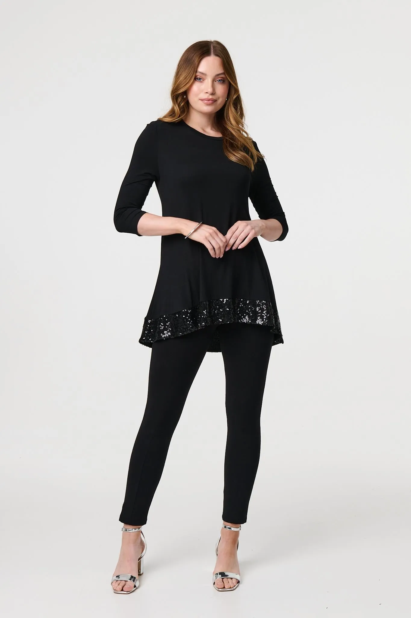 Sequin Trim Longline Jersey T-Shirt