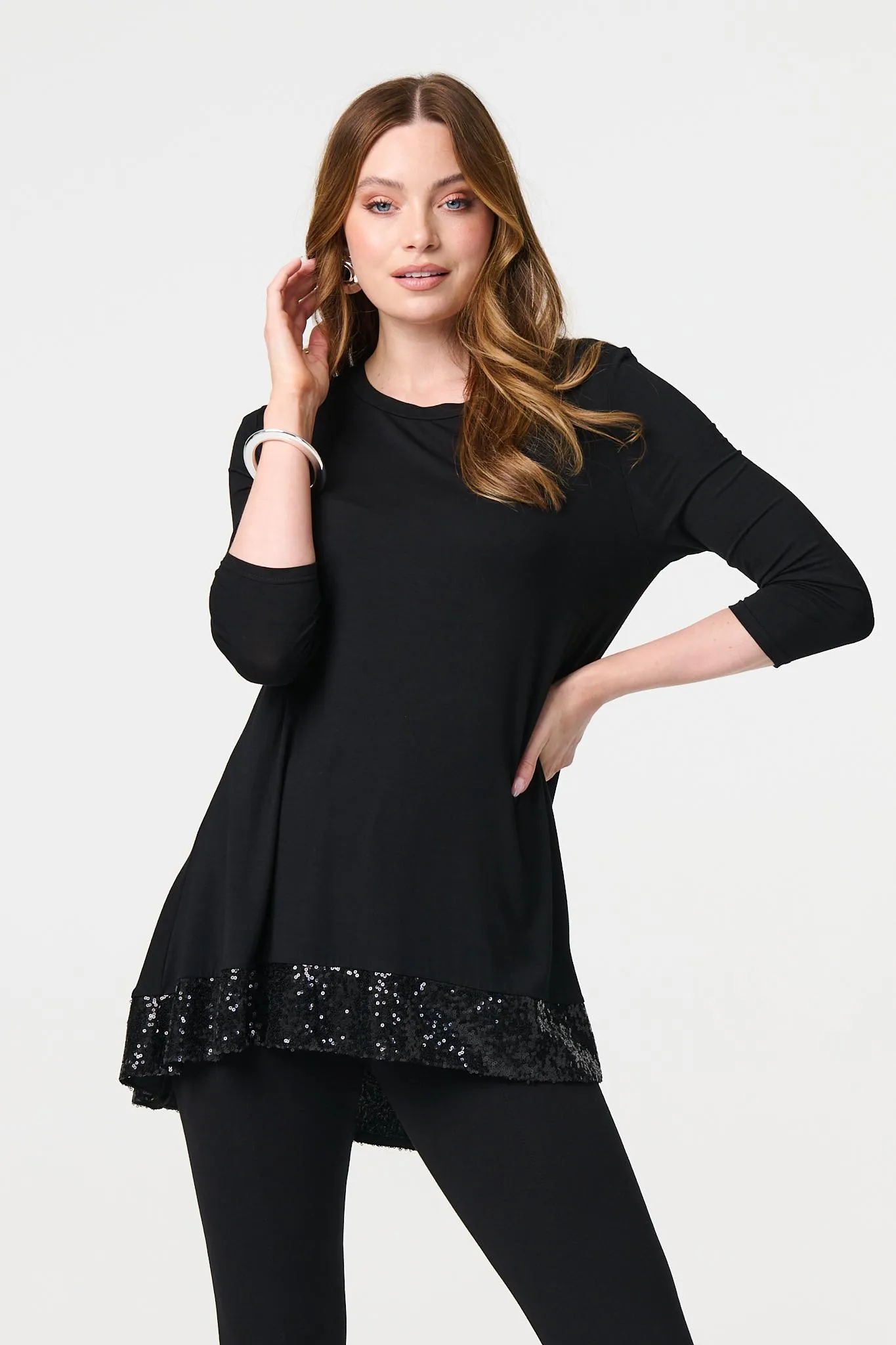 Sequin Trim Longline Jersey T-Shirt