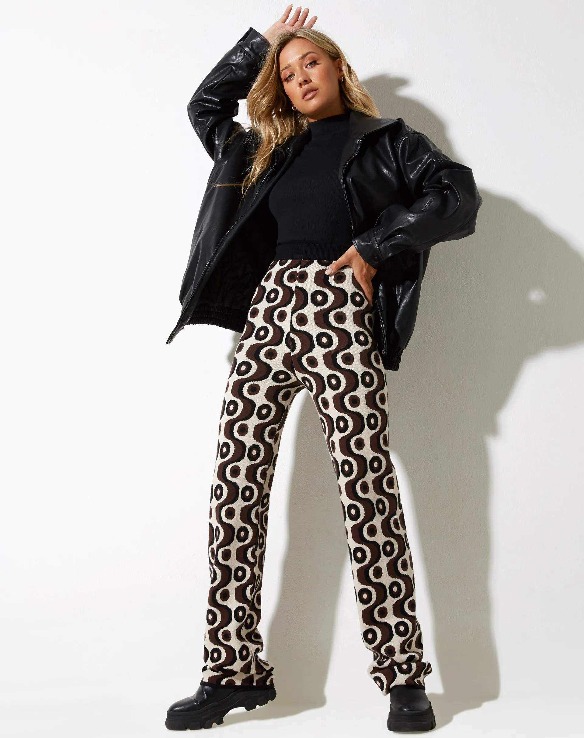 Sheba Wide Leg Trouser in Wavy Geo Ivory Brown and Black