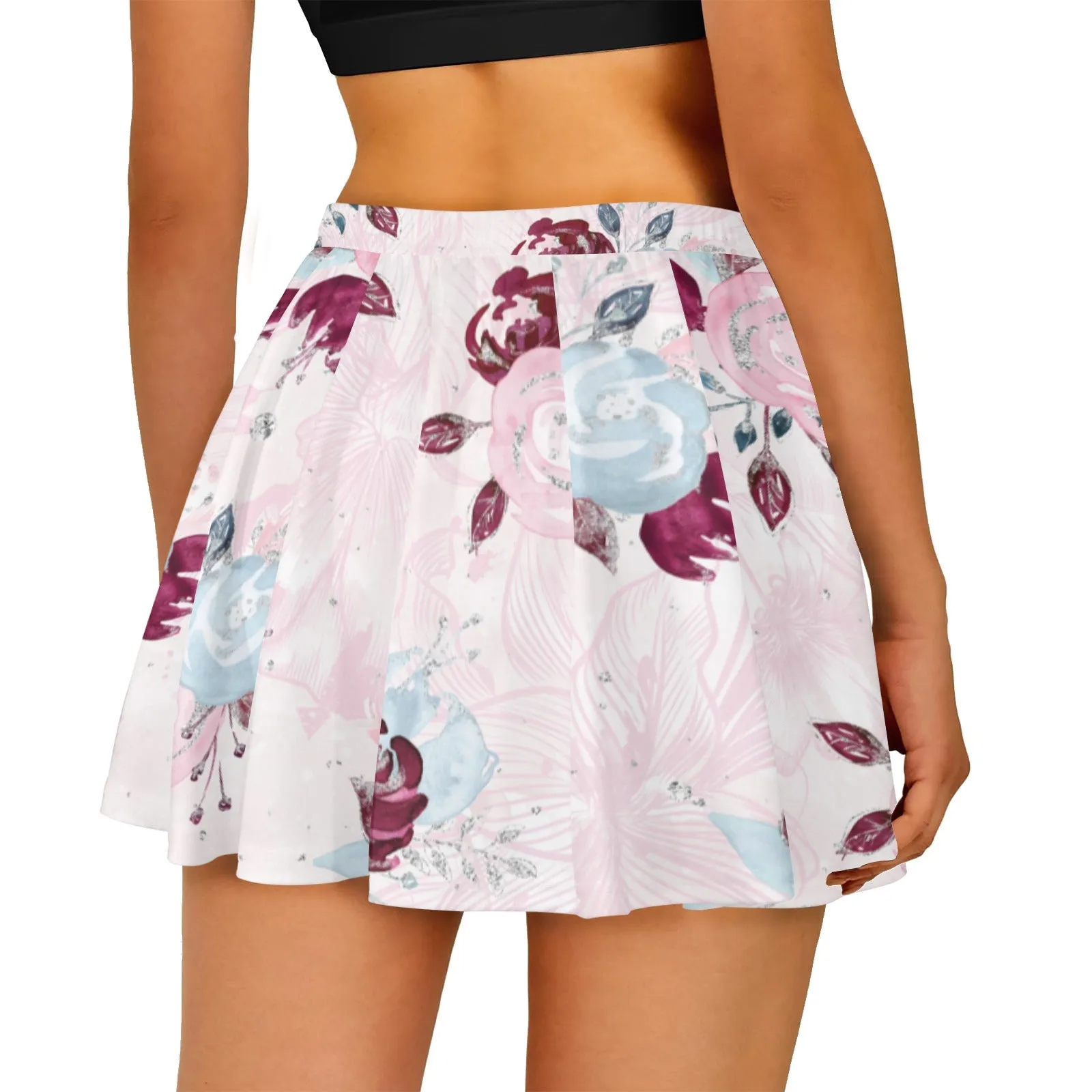 Skater Skirt Roses Blue and Pink Skater Skirt (Model D69)