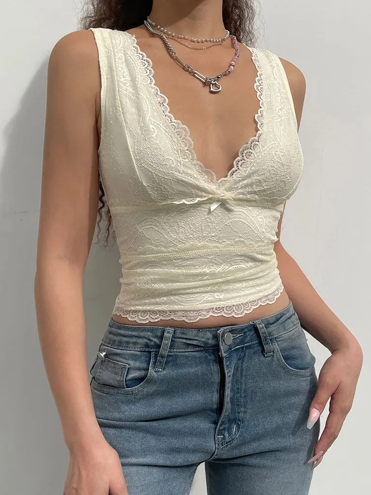 Solid Sleeveless Two Layer Lace V Neck Slim Y2K Crop Top Women Cute Basic Summer Vest