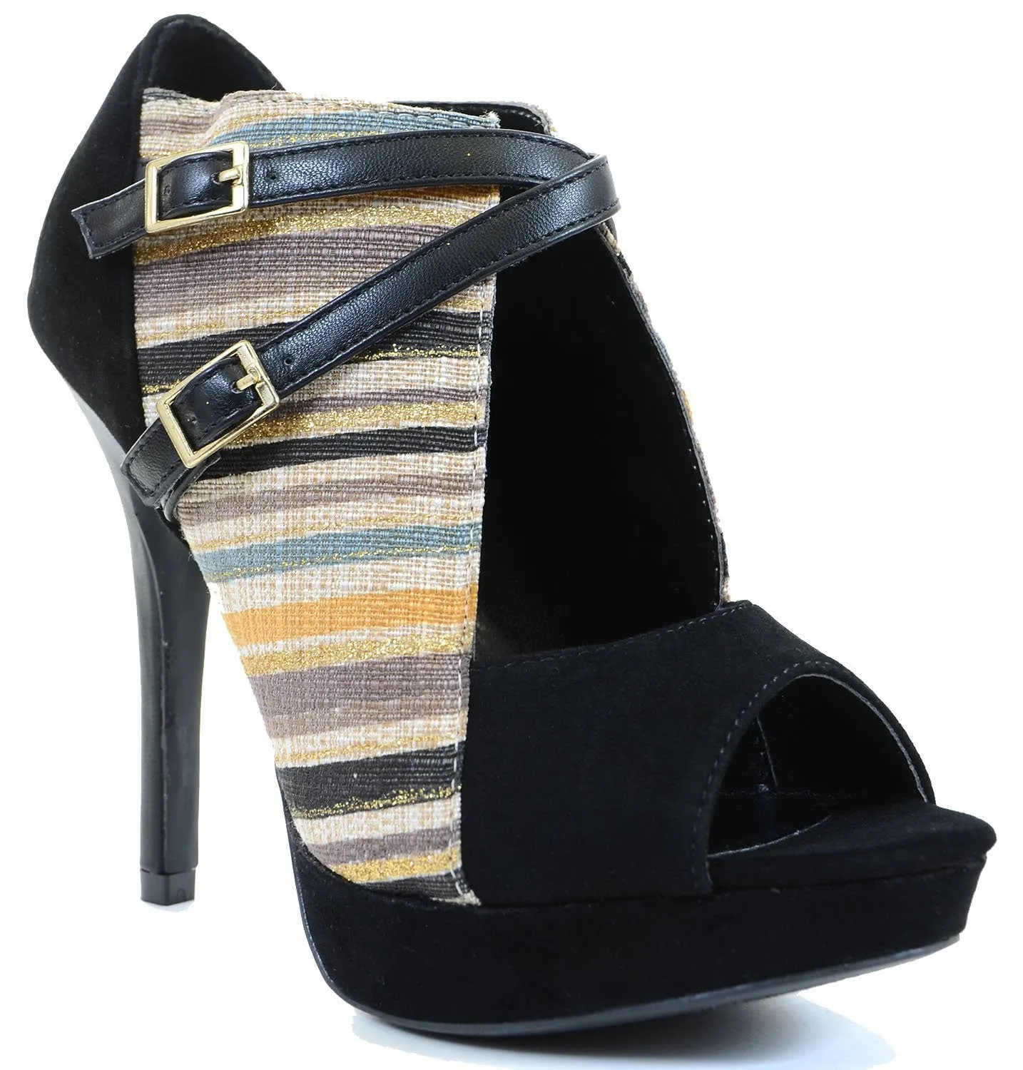 Stripe Woven Peep-toe Cut-out Strappy Heels Women