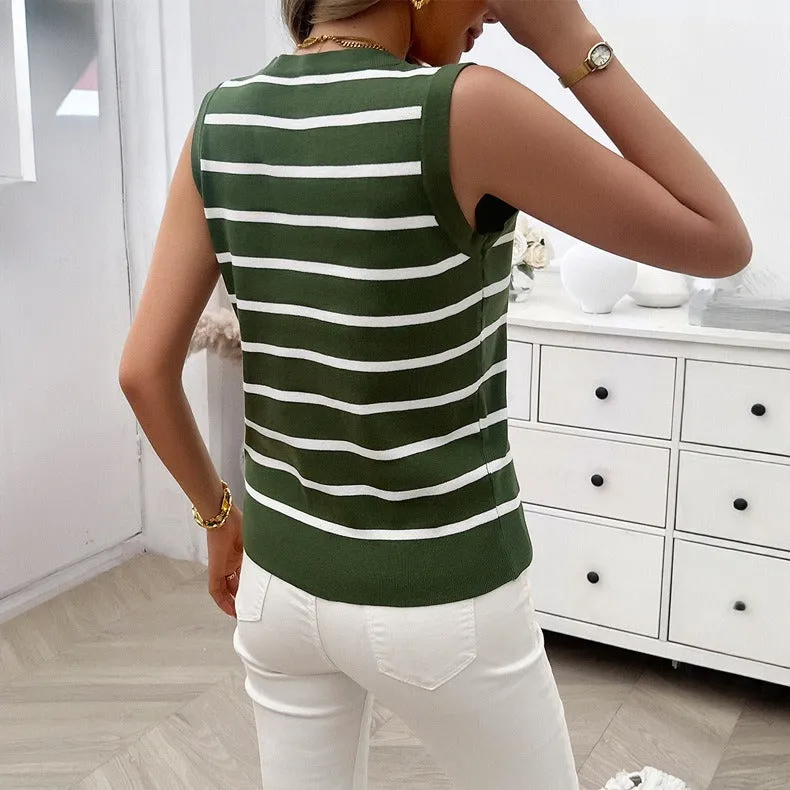 Striped Sleeveless Contrasting V-neck Knit Vest Top (4 colors)