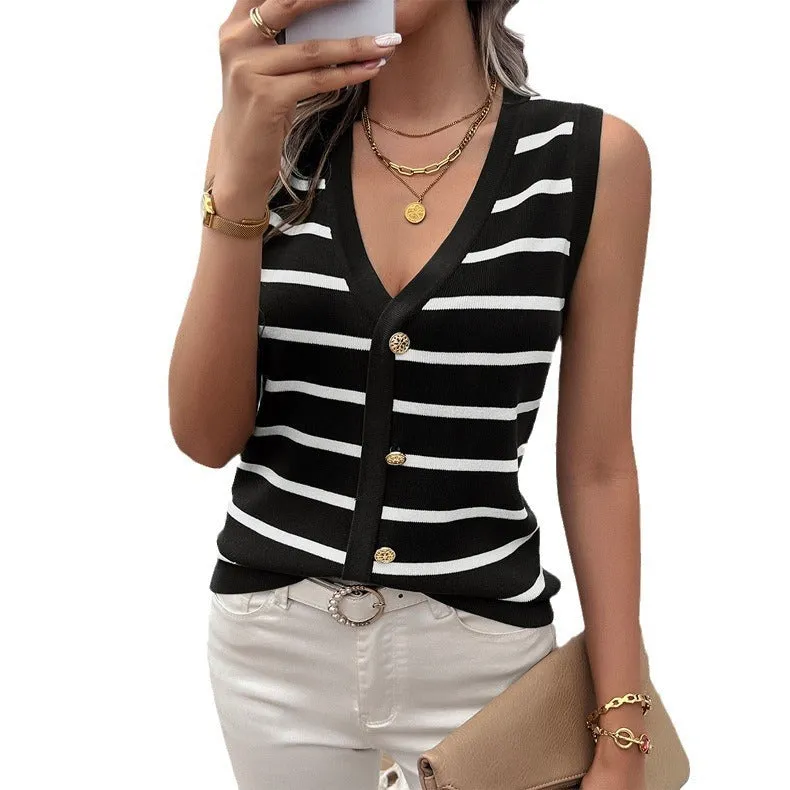 Striped Sleeveless Contrasting V-neck Knit Vest Top (4 colors)