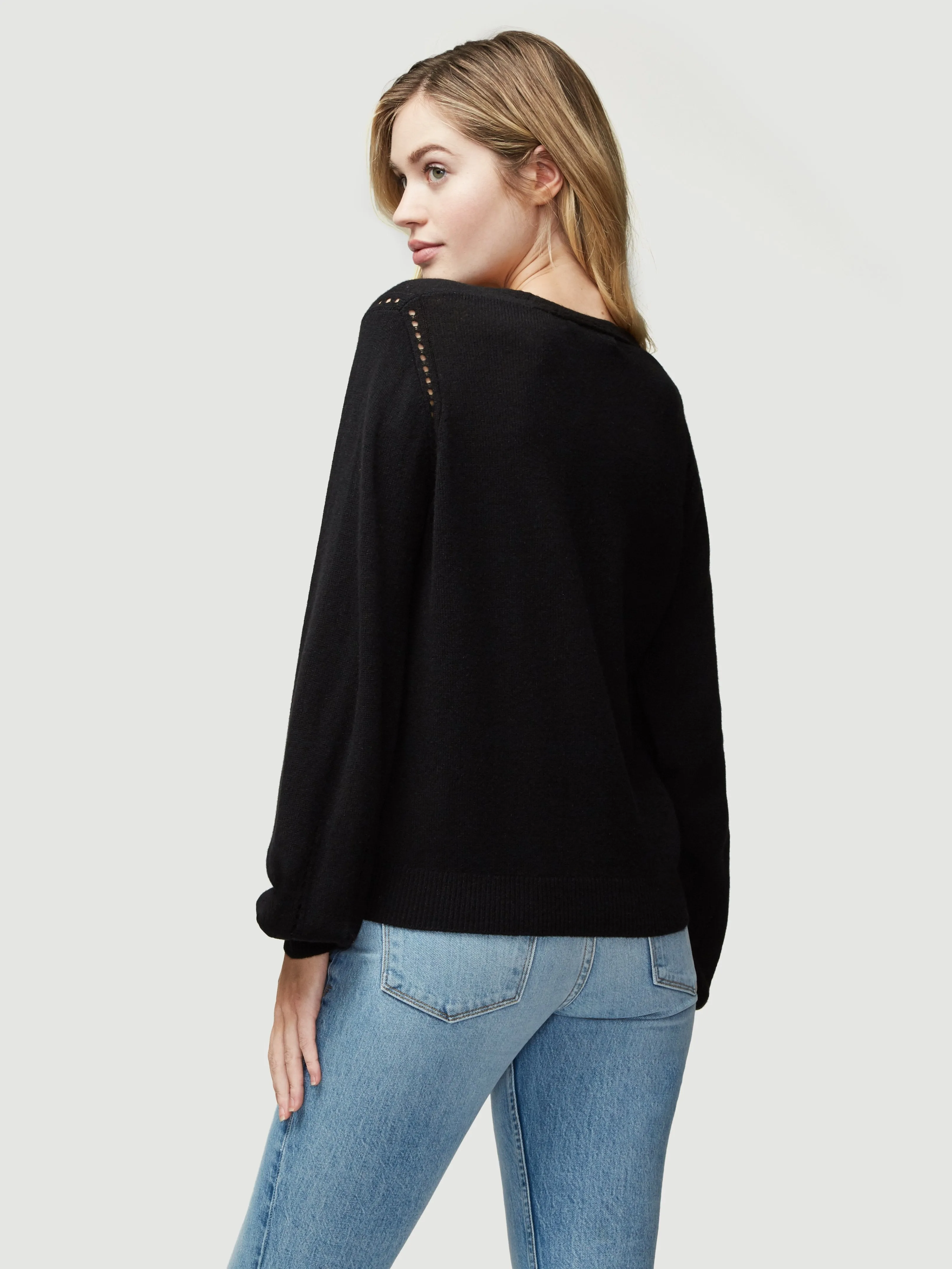 Sustainable Cashmere Pointelle V Neck Sweater -- Noir