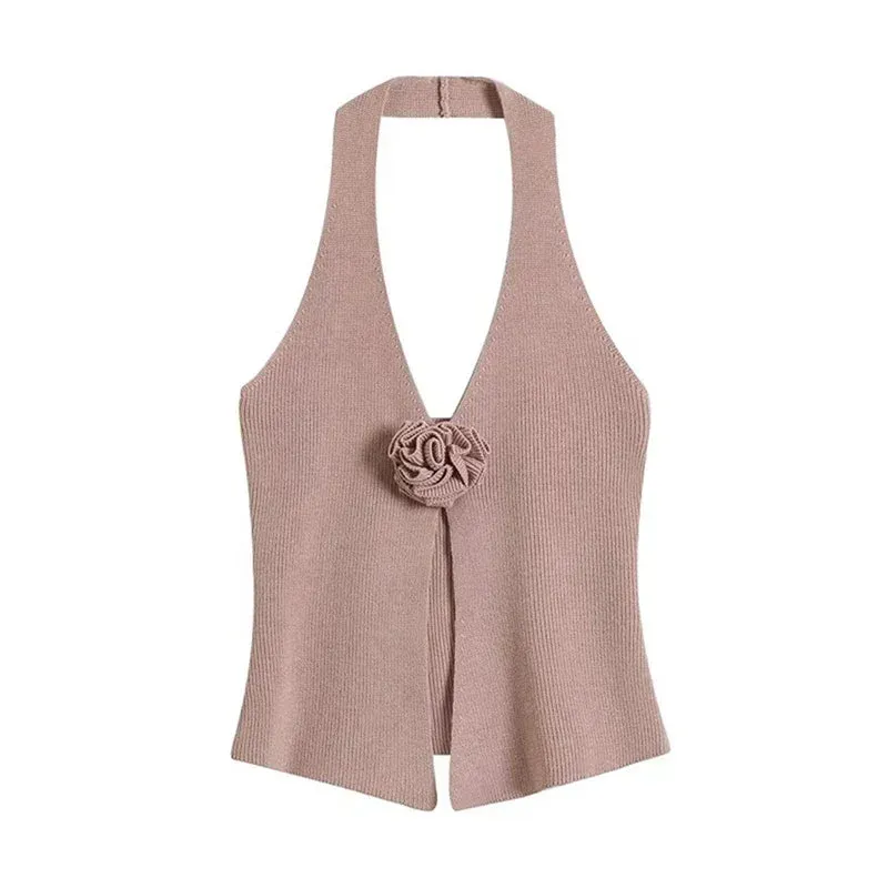 TAVIMART  -  Solid Knitted 3D Flower Halter Women Vest V-neck Sleeveless Backless Split Female Tanks 2024 Summer New Fashion Sexy Lady Tops