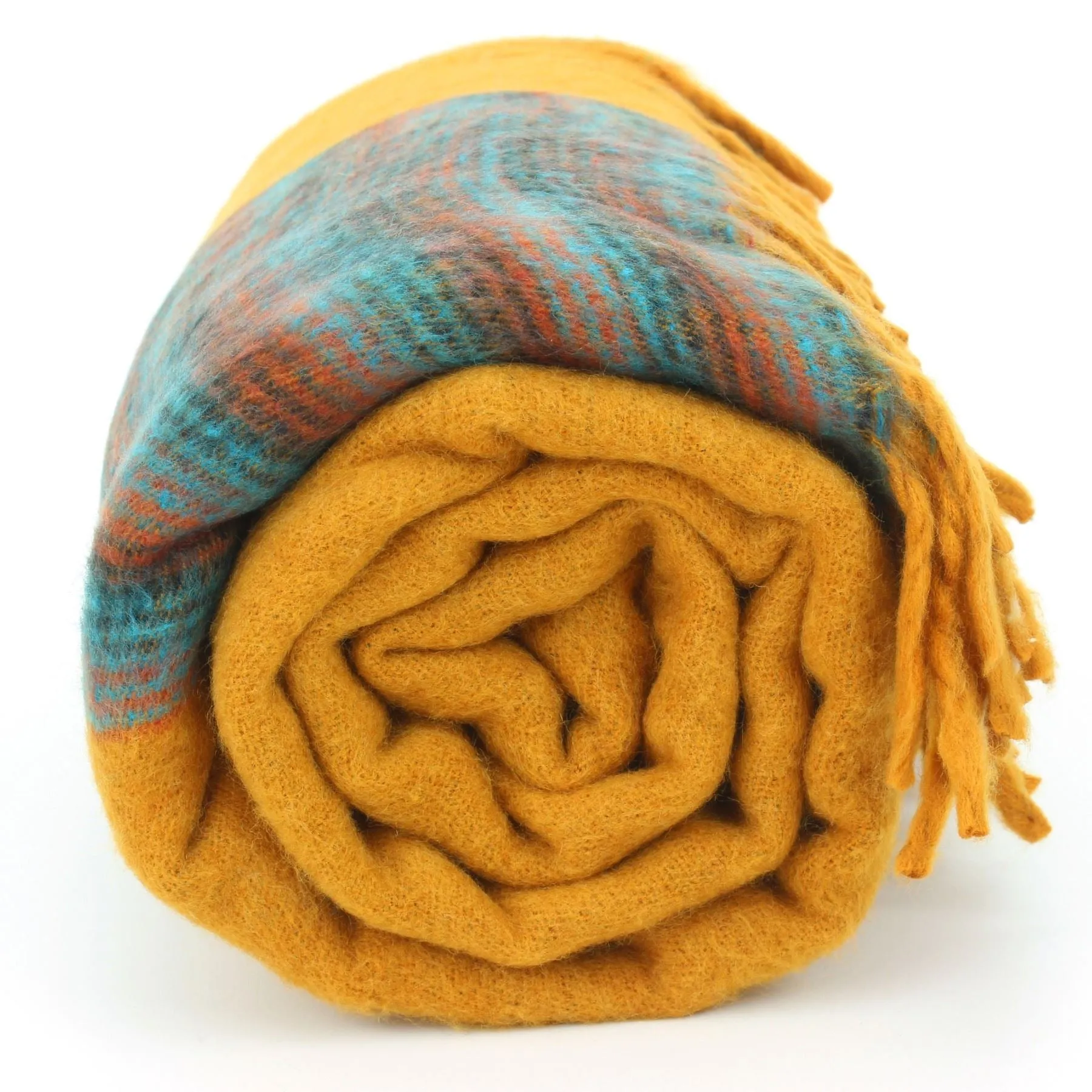 Tibetan Wool Blend Shawl Blanket - Mustard with Blue & Orange Reverse