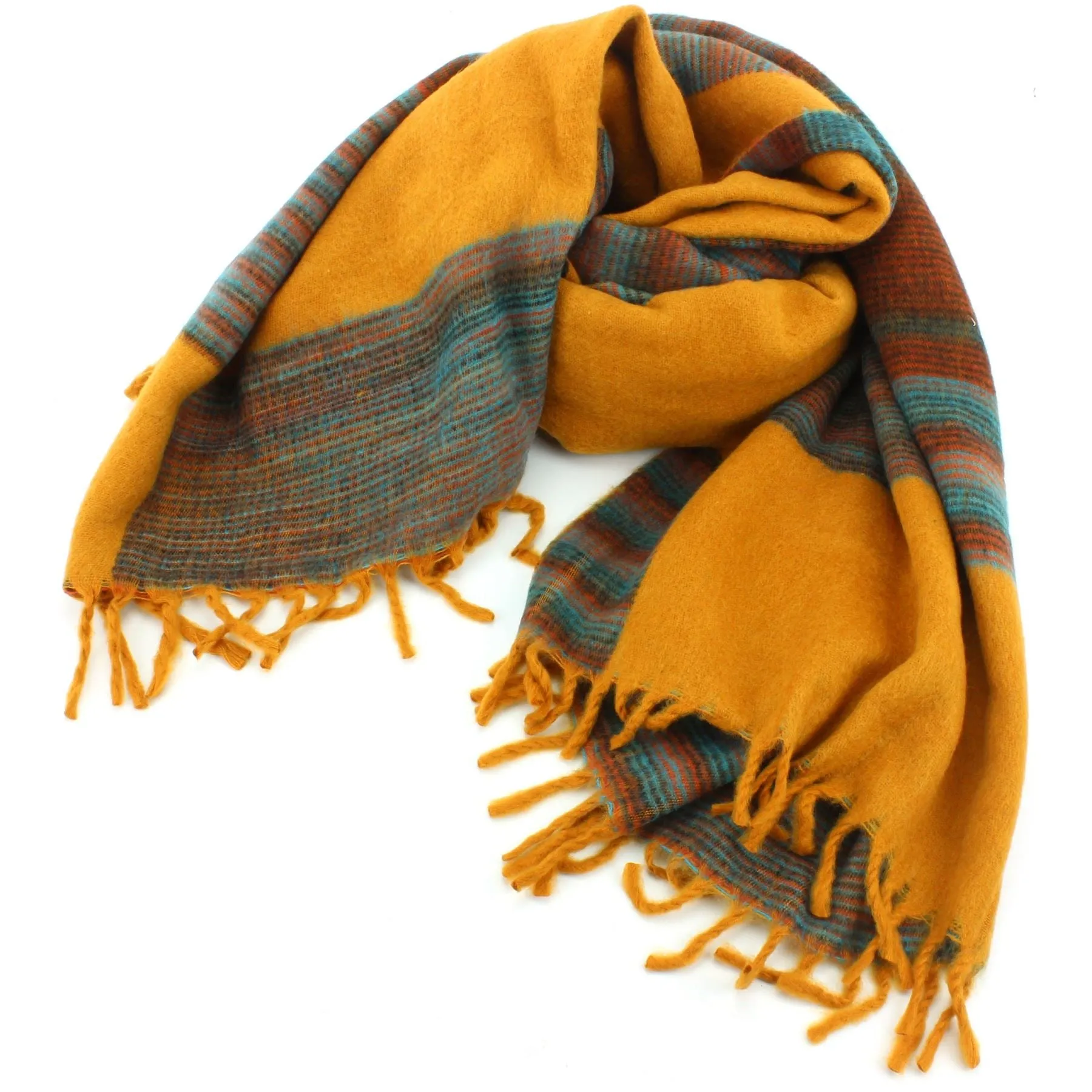 Tibetan Wool Blend Shawl Blanket - Mustard with Blue & Orange Reverse