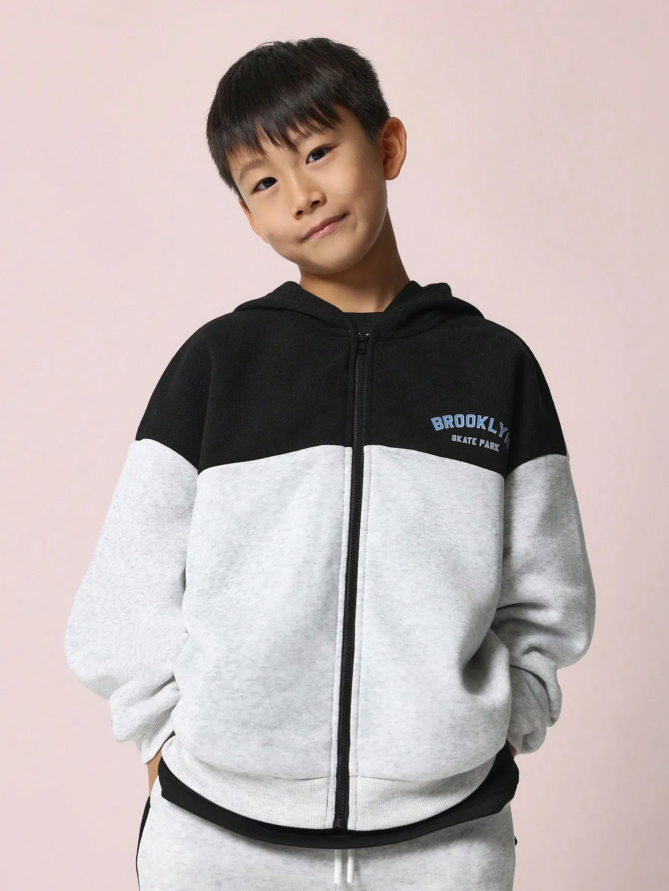 Tween Boys Comfy Zip-Up Colour Block Hoodie And Loose Fit Sweatpants 2 Piece Set