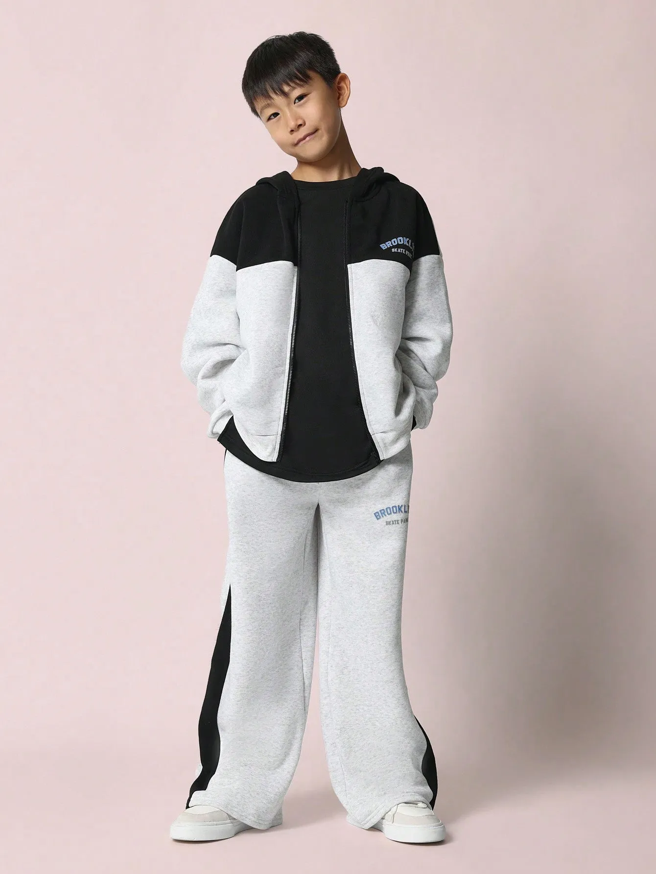 Tween Boys Comfy Zip-Up Colour Block Hoodie And Loose Fit Sweatpants 2 Piece Set