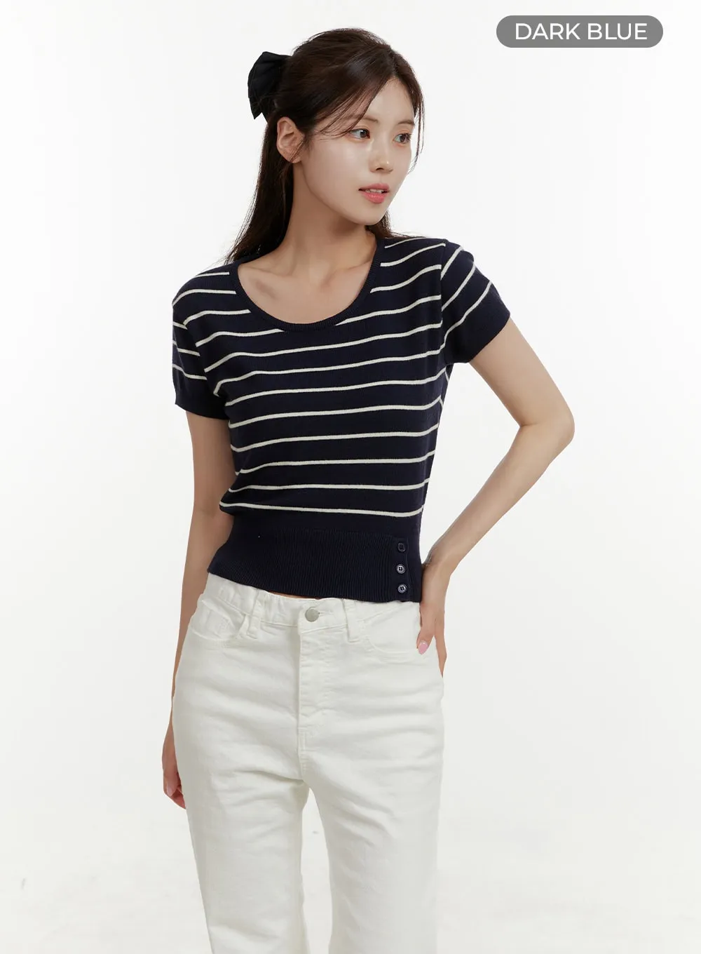 Unbalanced Buttoned Crop Knit Tee OY409